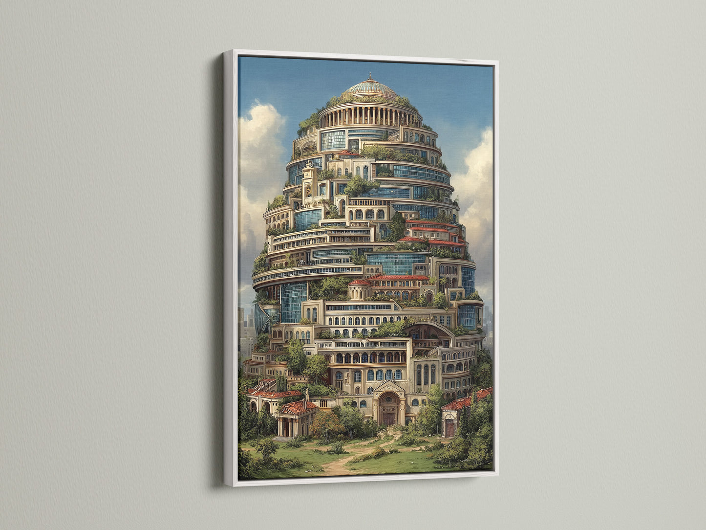 Fantasy Architecture Print showcased in a white frame. The surreal tower canvas art offers a modern touch. This whimsical building wall art complements boutique hotel decor. The primary color is brown. The secondary color is green. It is perfect as office art.