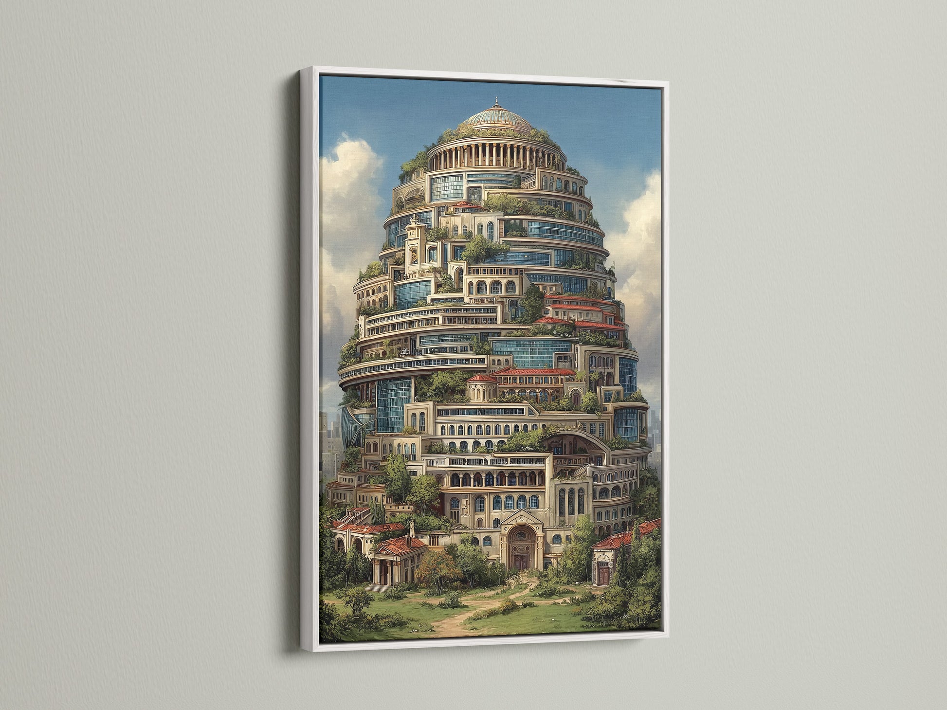 Fantasy Architecture Print showcased in a white frame. The surreal tower canvas art offers a modern touch. This whimsical building wall art complements boutique hotel decor. The primary color is brown. The secondary color is green. It is perfect as office art.