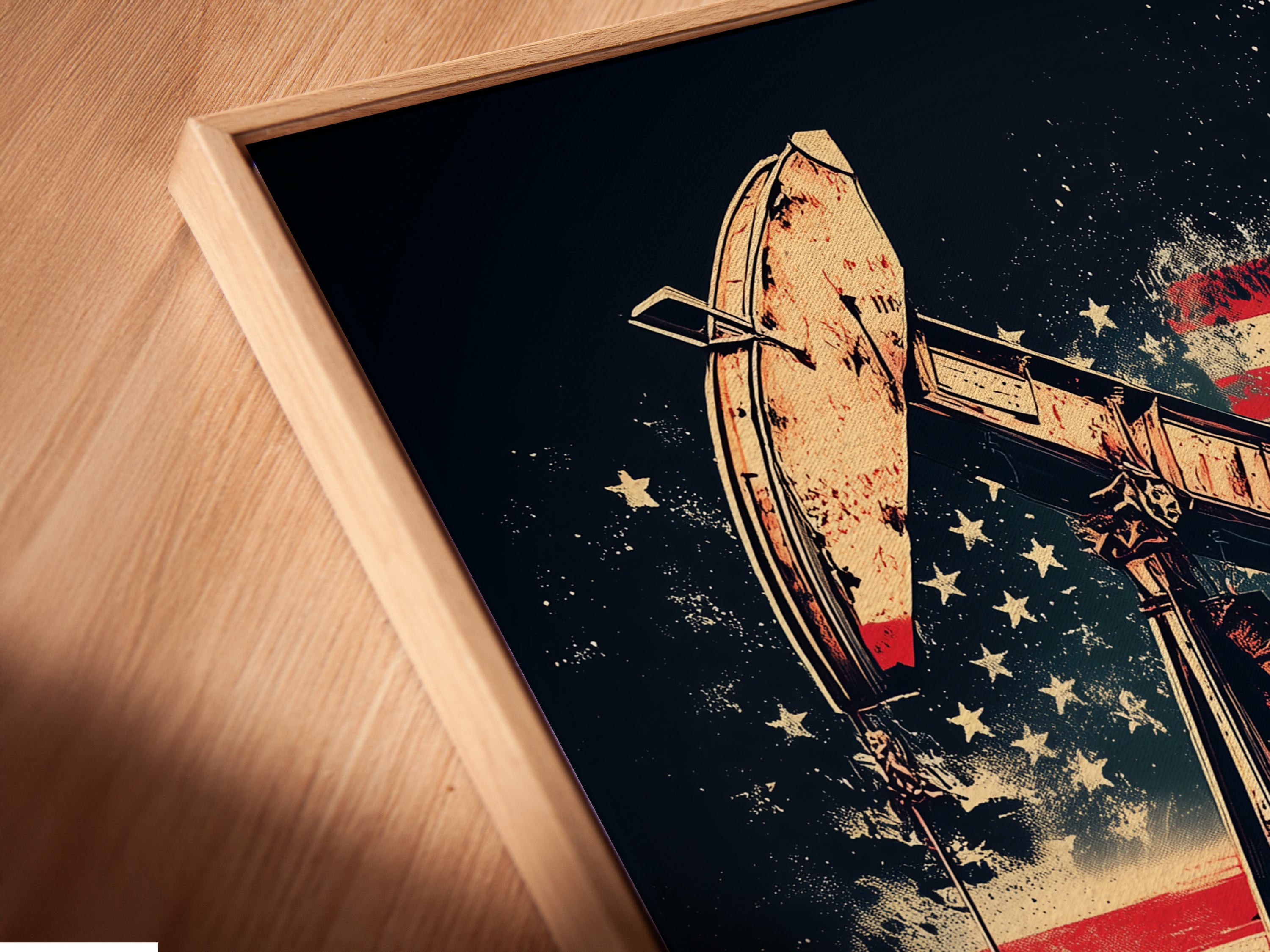 Oil Rig Canvas Print features American Flag Wall Art. Industrial decor for any office space. This is a close-up angled view of a canvas print in a floating frame. Patriotic artwork is great for garages workshops and living rooms. The canvas is stretched.