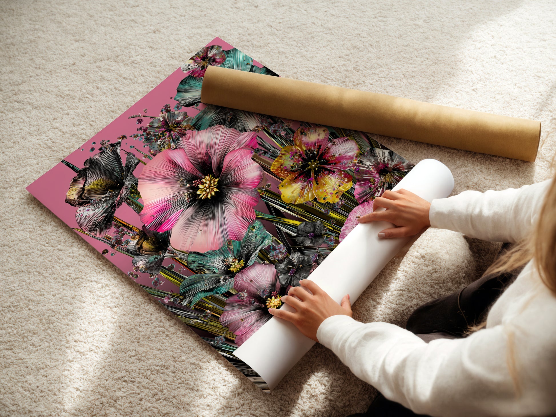 A woman is rolling a fine art poster paper. The paper features tropical floral artwork with pink hibiscus flowers. Ideal for adding a vibrant touch to bedroom decor. Perfect for those seeking elevated modern wall art.