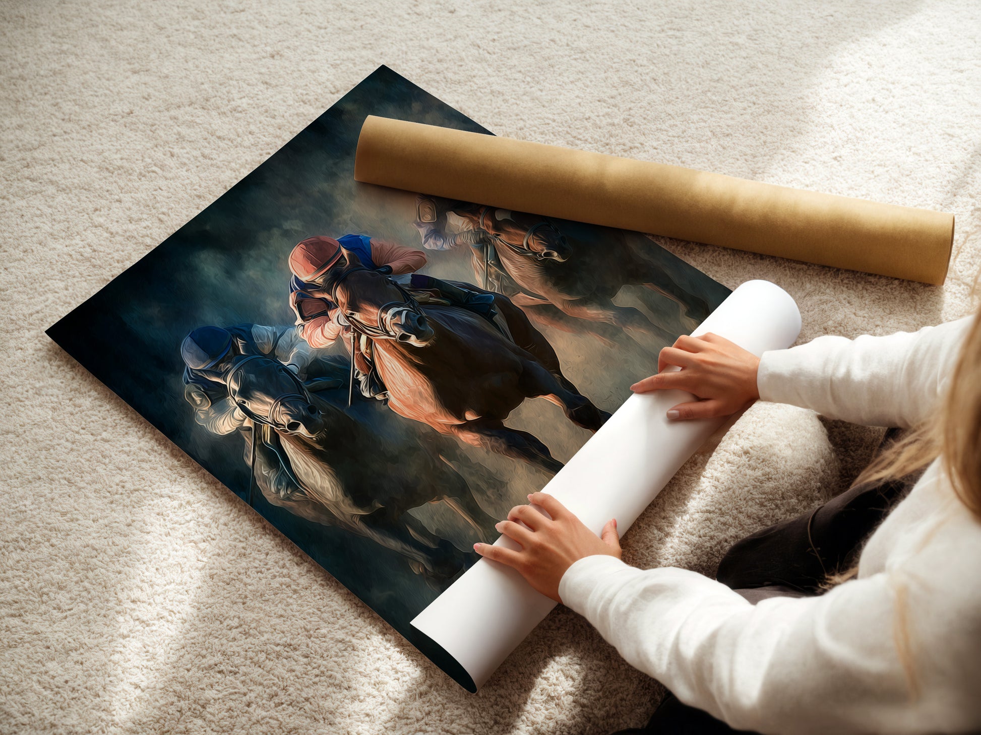 A woman rolling a fine art poster paper. She is carefully handling the paper to avoid creases. The fine art poster paper is of high quality. This ensures that the artwork will look its best. It's perfect for displaying detailed artwork.