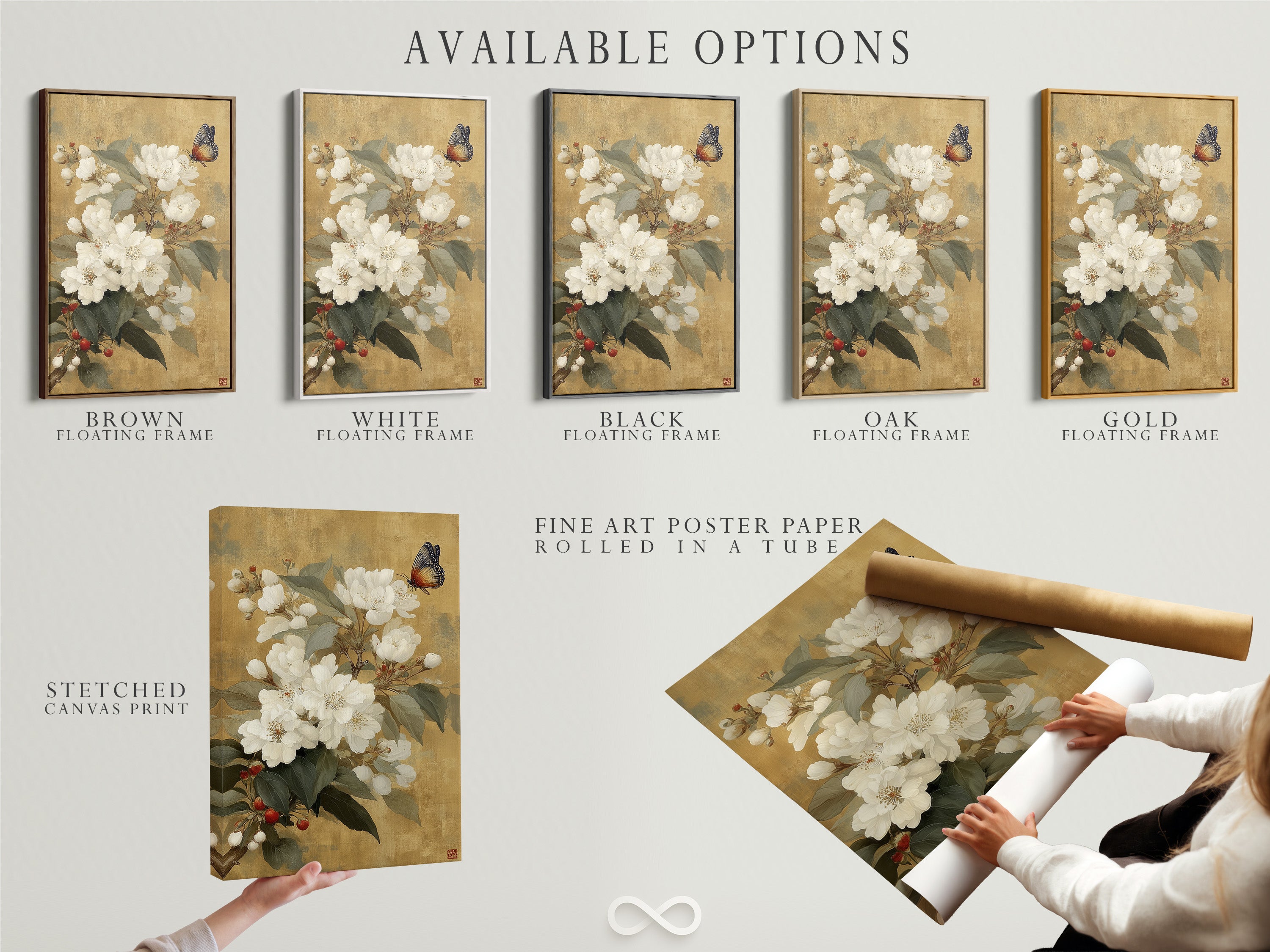 Available options for vintage botanical artwork. Choose from stretched canvas prints fine art poster paper or a floating frame. Personalize your white flowers and butterfly art. Select the perfect medium to match your style. Elevate your home decor with our versatile art options.