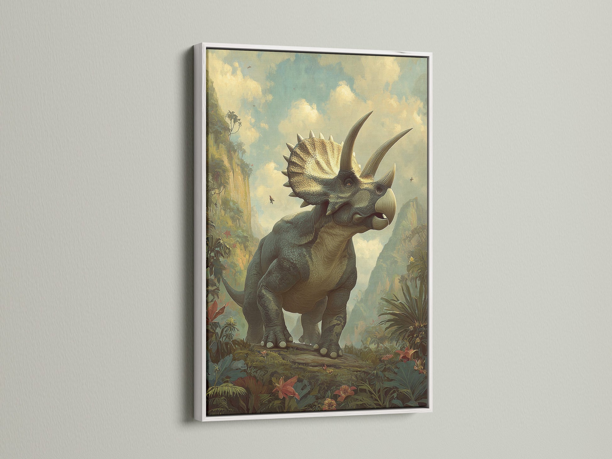 A striking triceratops artwork is presented in a clean white frame. The white frame provides a modern and crisp look. The artwork is elegantly showcased in this frame. This combination enhances any space. It is an eye-catching focal point.