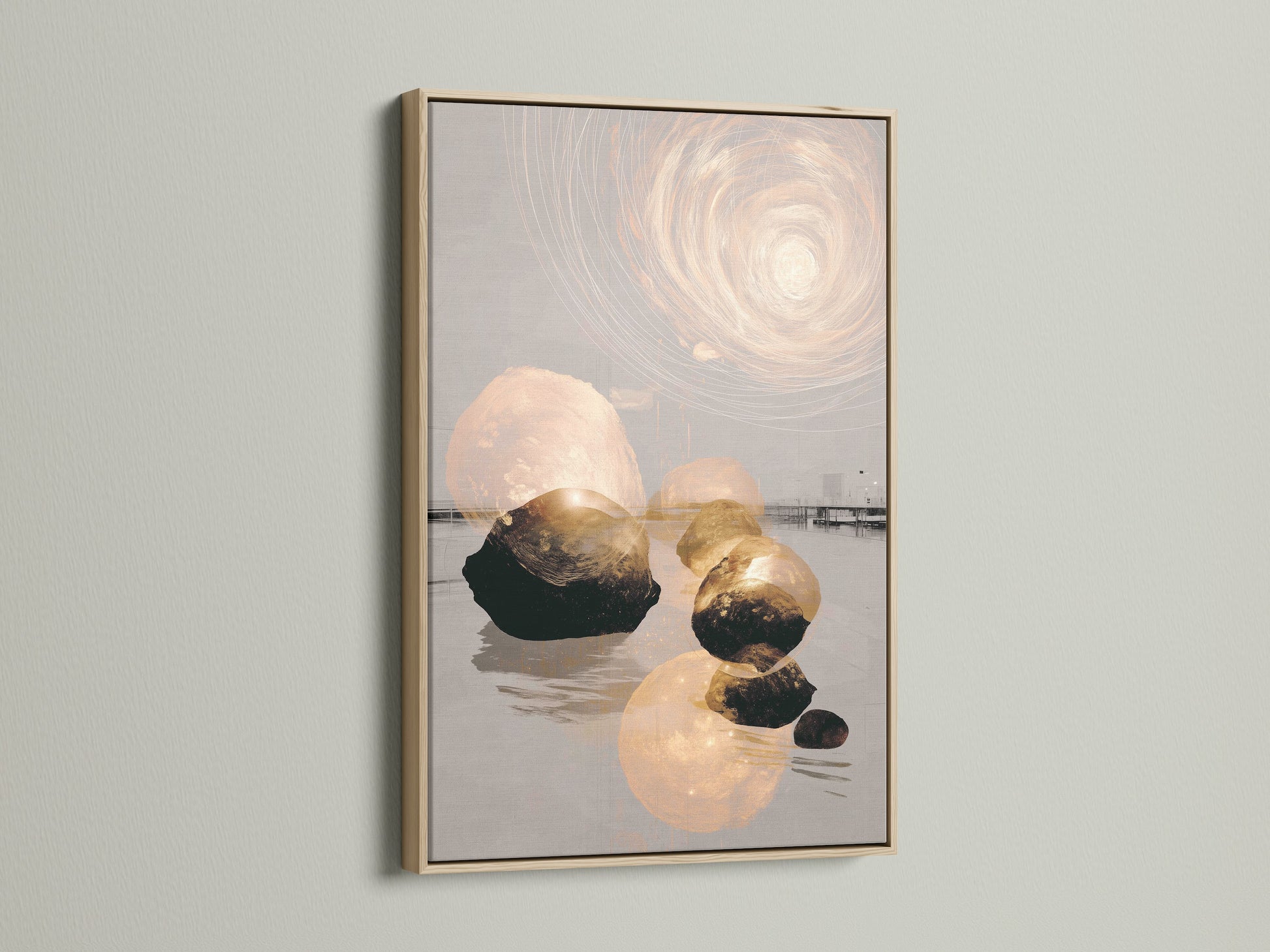 Abstract Zen artwork in an oak frame. This modern minimalist wall art brings a sense of calm. It's perfect for meditation decor or spa wall art. The balanced stone art complements neutral tone interiors. This artwork is a peaceful mindful addition.