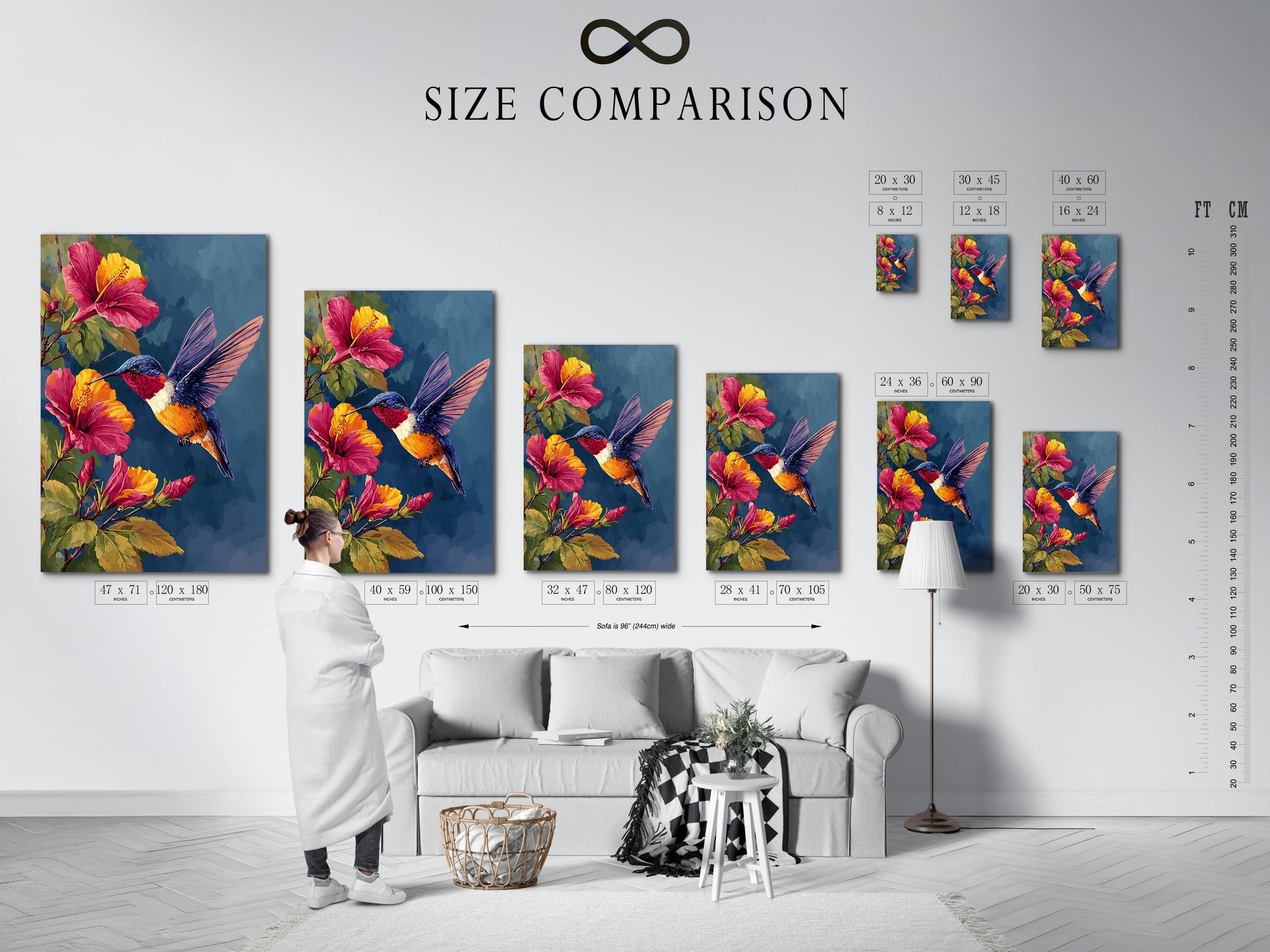 A size comparison chart is displayed in an interior setting. The chart showcases various sizes of artwork. Helping you visualize the perfect fit for your space. Find the ideal size for your next art purchase. View our art size guide.