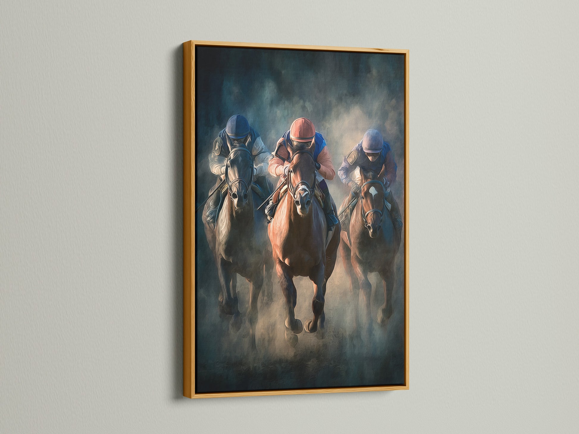 Artwork with a gold frame. The artwork shows a horse race. The gold frame adds a touch of luxury and elegance. It enhances the artwork with its shimmering effect. This frame is perfect for adding glamour. It brings warmth and sophistication to any space.