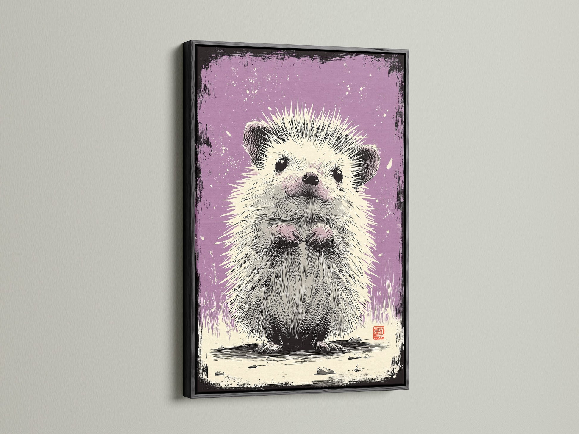 The artwork shows a cute hedgehog in a black frame. The black frame gives a bold look. It contrasts well with the artwork. This framed artwork complements various styles. A great choice for contemporary spaces. The art brings charm and character.