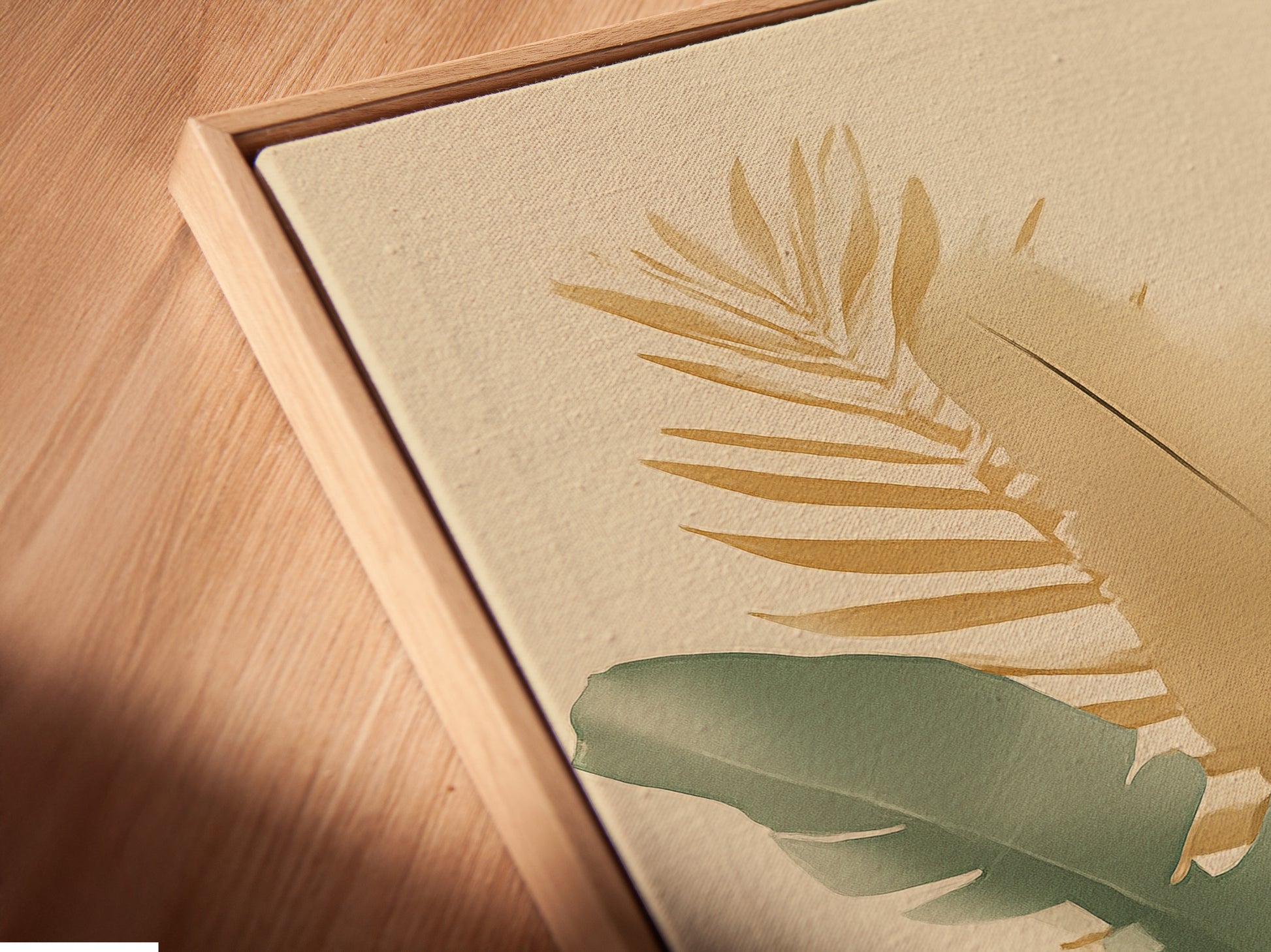 Close-up of a canvas print in a floating frame. The floating frame gives the art a modern look. See the detail of a botanical canvas print. Floating frames create depth and dimension. Explore canvas prints in floating frames.