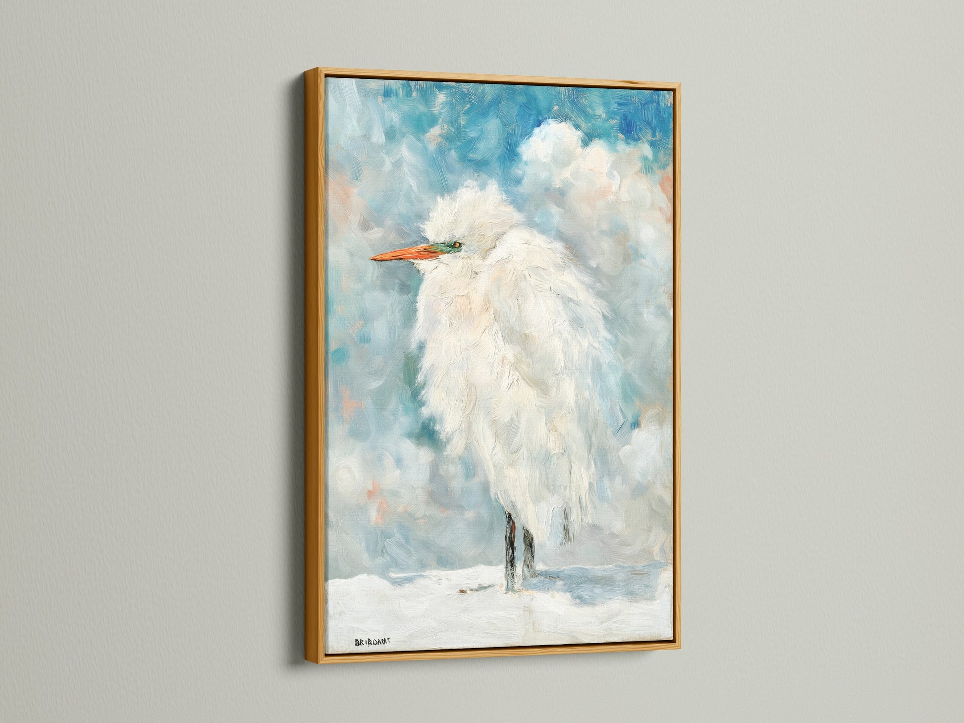 A gold frame showcases the Heron coastal artwork. This frame adds elegance to the impressionist art. Perfect for a refined coastal decor theme. View this avian print today