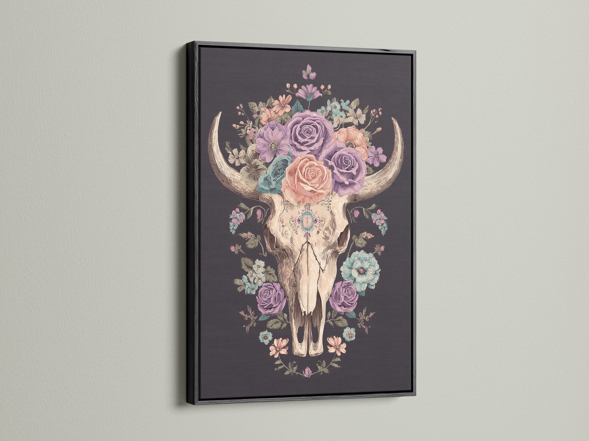 Artwork of a floral bull skull in a black frame. The art print features a skull adorned with colorful roses. This artwork is framed in a modern black frame. The black frame makes the artwork pop. Perfect wall art for any space.