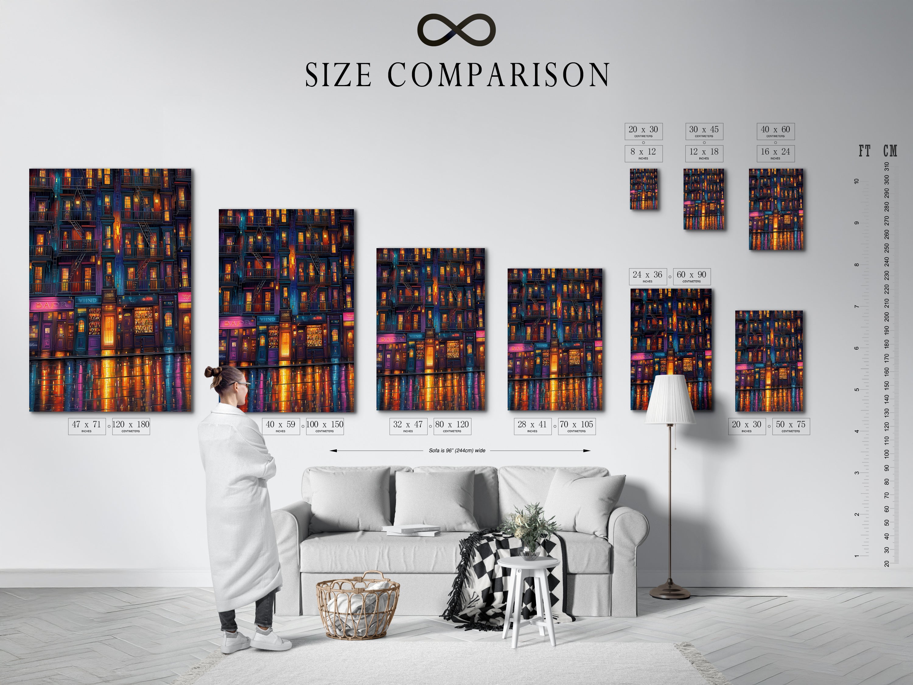 A size comparison chart featuring the Cityscape at Night artwork is displayed in an interior setting. See how this urban canvas fits your living room. Visualize the impact of this modern artwork.