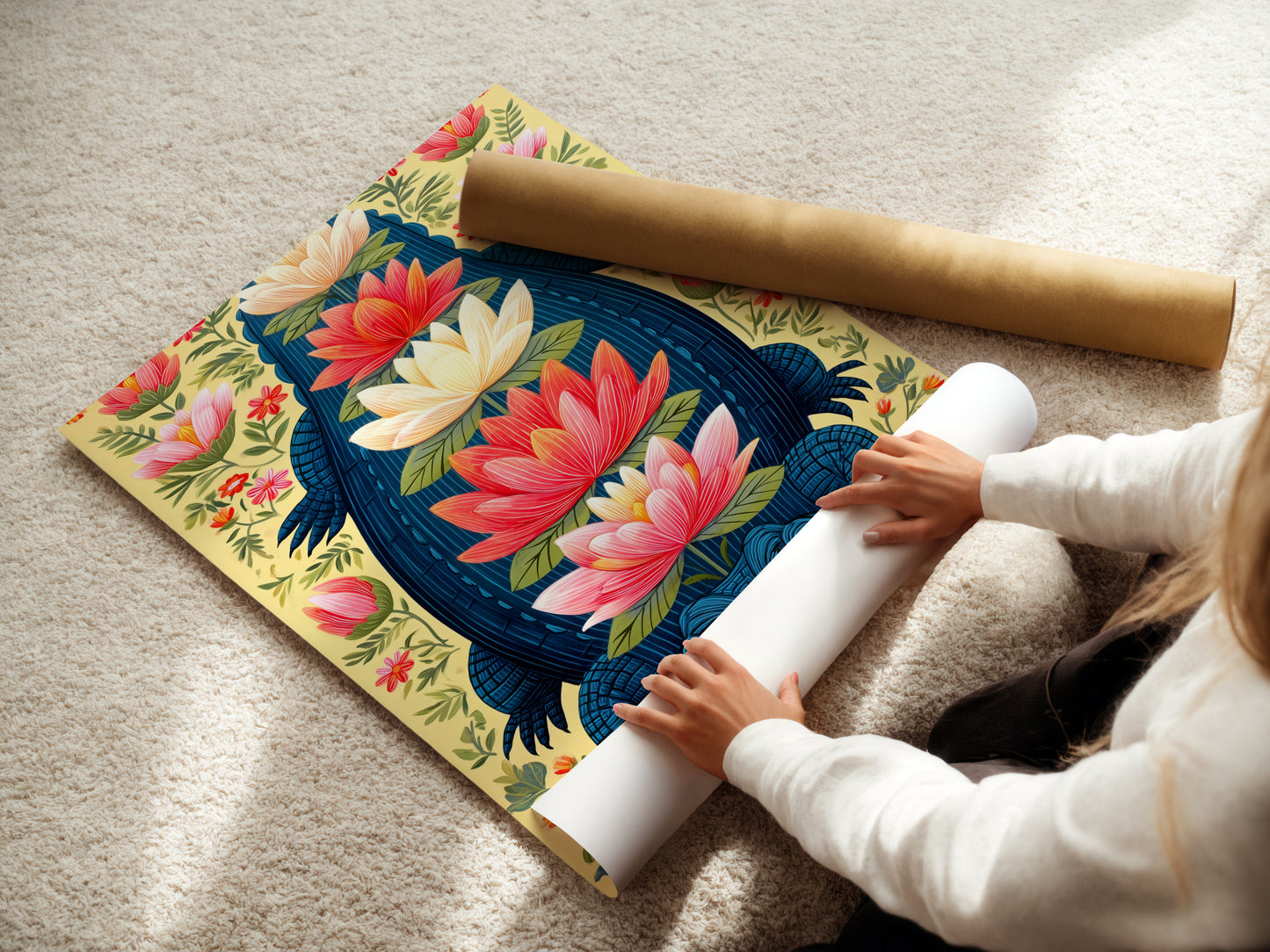 A woman carefully rolls a fine art poster paper featuring the Alligator artwork. The botanical print showcases teal and coral colors. Perfect for creating unique wall art this poster paper allows for customizable framing. Bring exotic artwork to your home with this option.