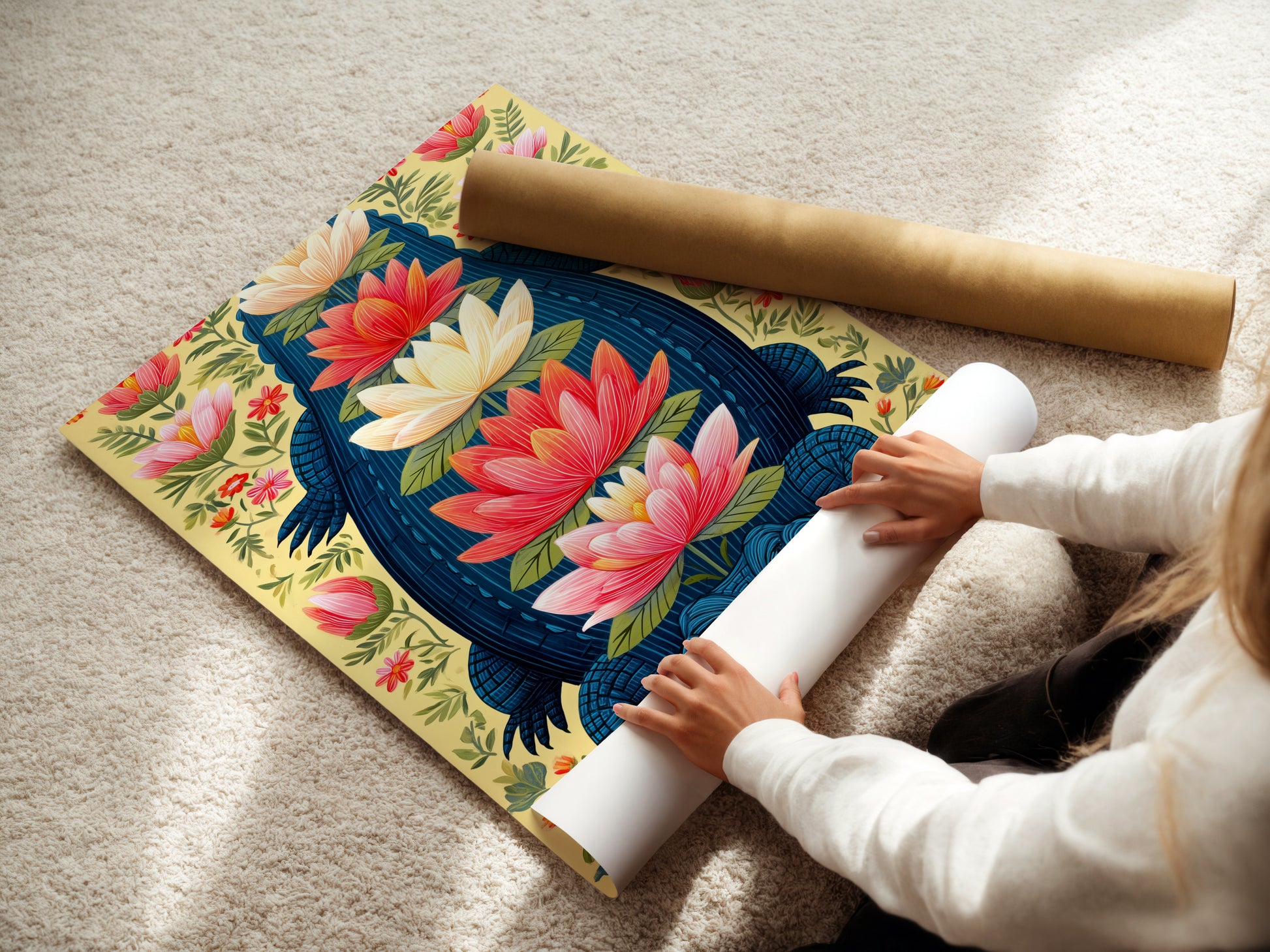 A woman carefully rolls a fine art poster paper featuring the Alligator artwork. The botanical print showcases teal and coral colors. Perfect for creating unique wall art this poster paper allows for customizable framing. Bring exotic artwork to your home with this option.