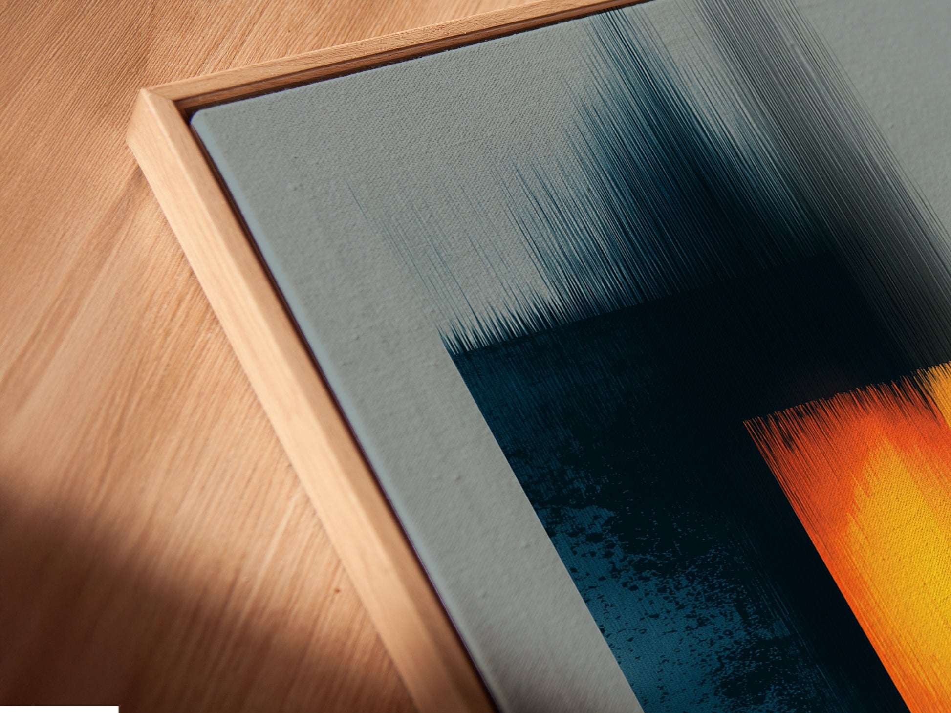 A close-up shot reveals a canvas print in a floating frame. The artwork appears to hover within the frame. This is creating a modern gallery-like effect. The floating frame enhances the art's visual impact. Discover our framing options.