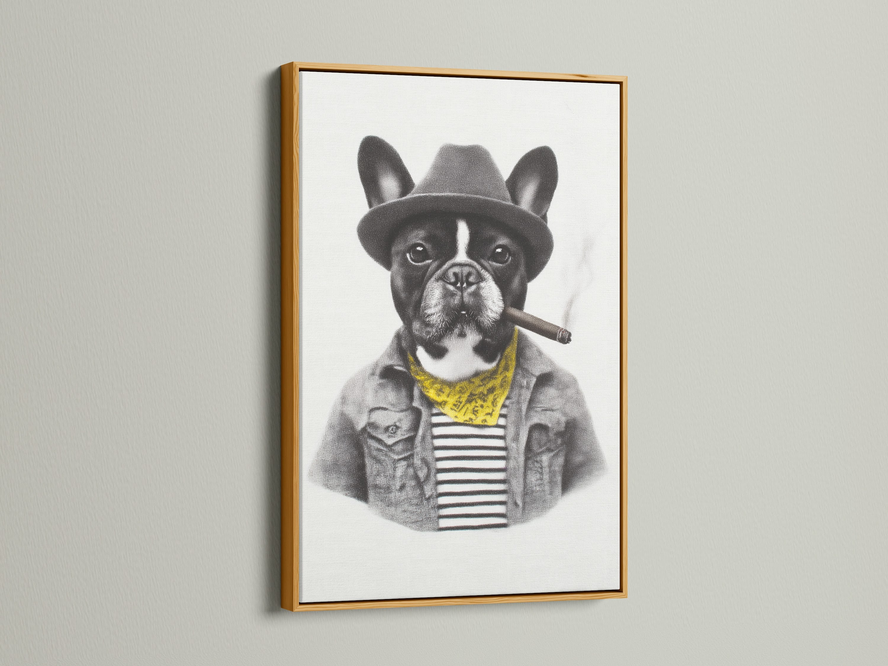 Discover the French Bulldog artwork in a gold frame. The gold frame adds a touch of elegance. This complements the vintage animal art beautifully. It enhances the funny dog print. This is ideal for those seeking sophisticated office wall decor.