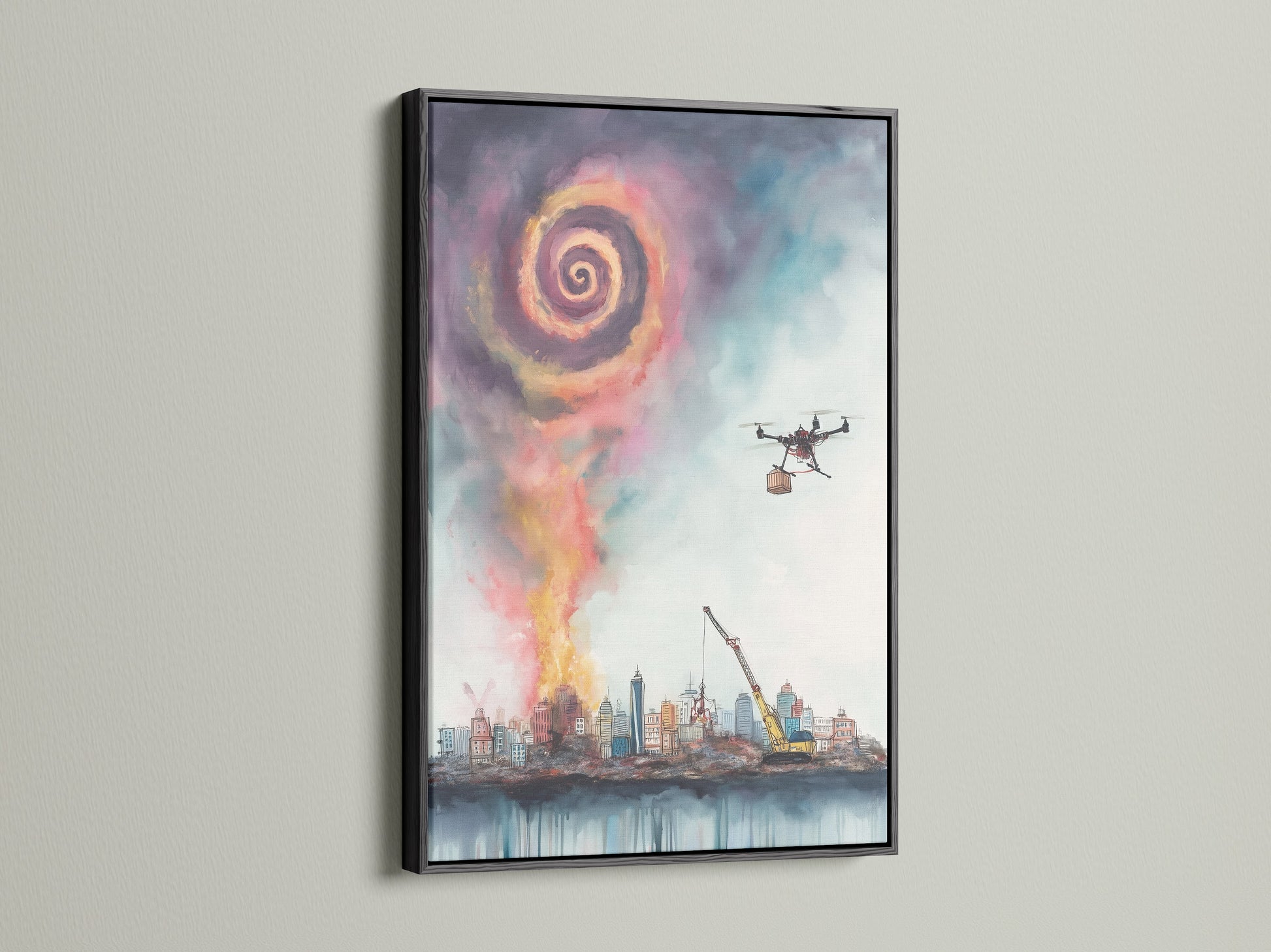 A black frame encases a surreal cityscape artwork. The dark border accentuates the modern wall art. It features drone delivery above a unique skyline. This contemporary print is perfect for a tech-inspired office or modern living room decor.