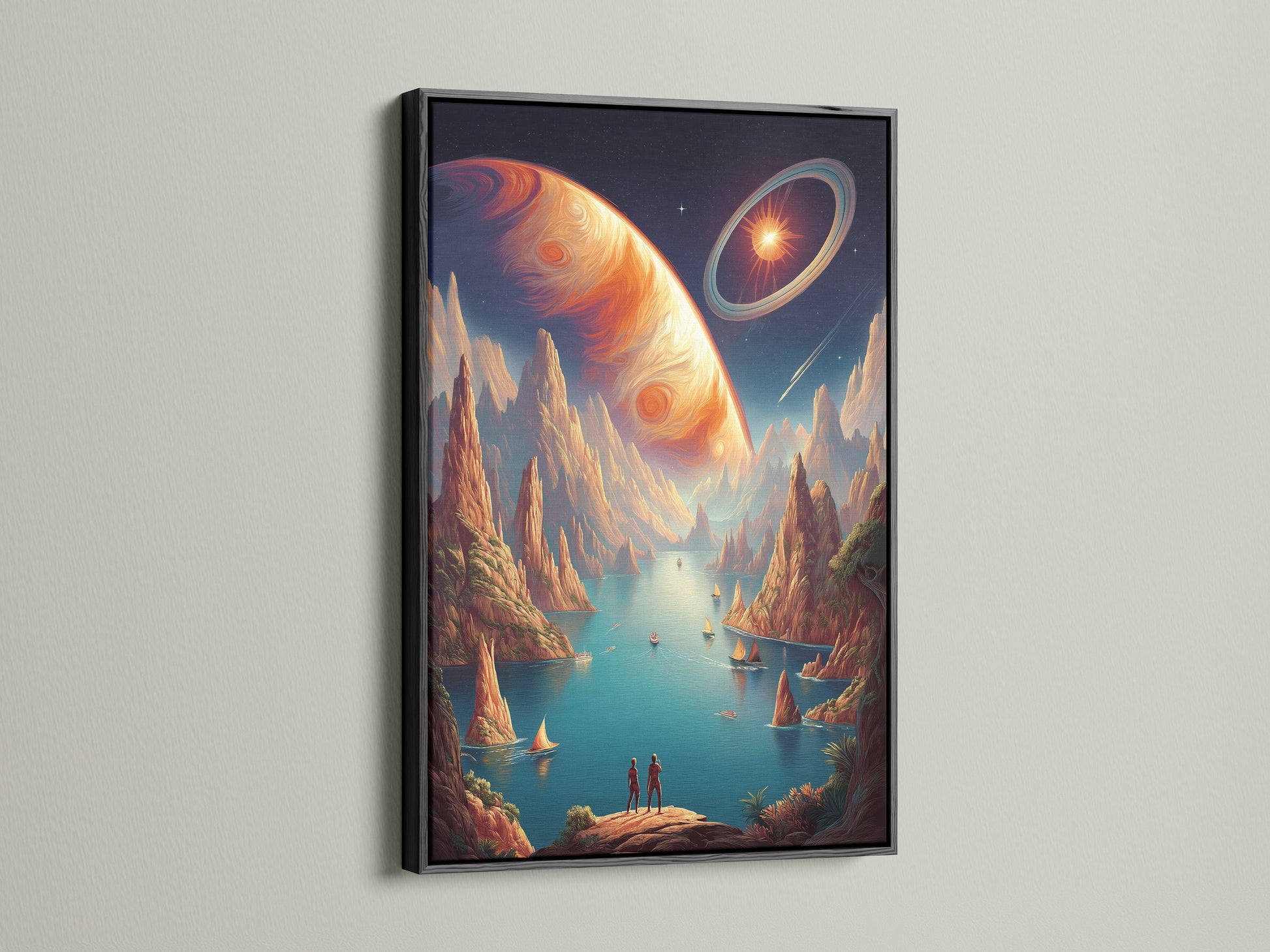 A dramatic black frame highlights this cosmic landscape canvas print. The surreal planet artwork stands out creating a focal point. This sci-fi inspired piece adds sophistication to any game room decor or contemporary setting.
