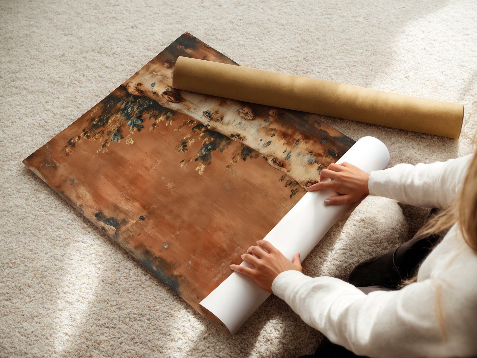 Woman rolling a fine art poster paper. The woman is handling the art carefully. The fine art poster paper is high quality. She is preparing the poster for framing. The paper has a smooth texture. The artwork is ready to be displayed. This poster paper is perfect for rustic artwork.