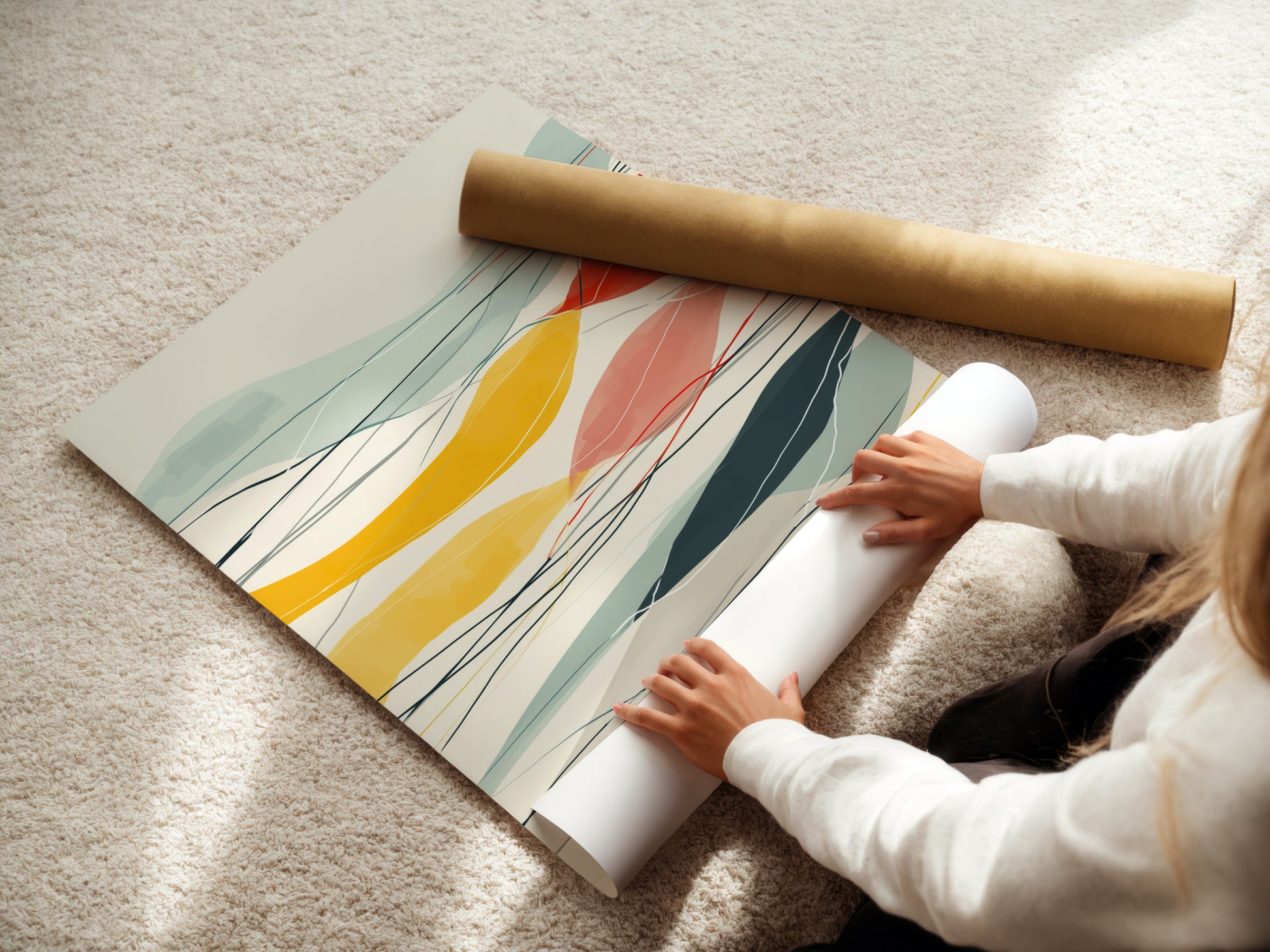 A woman is carefully rolling a fine art poster paper. The Abstract Mountain artwork features a colorful landscape. This modern geometric artwork is perfect for office decor. It will enhance any living room or bedroom. This artwork will complement minimalist aesthetics.