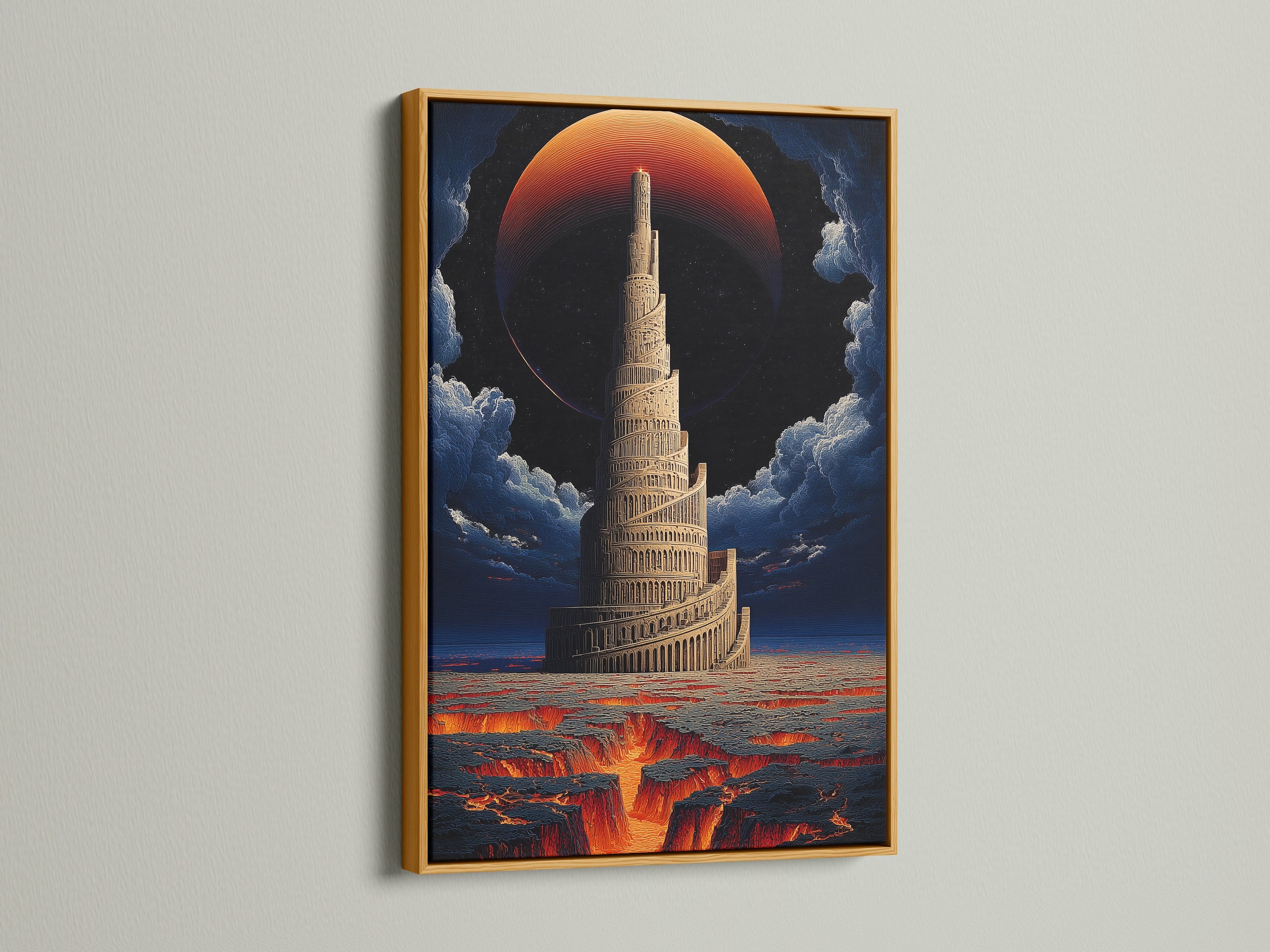 Here is a Tower of Babel art print in a gold frame. The fantasy canvas art enhances any space with its mythical art. This biblical art print is perfect for adding a luxurious touch to a library. The gold frame complements its orange hues.