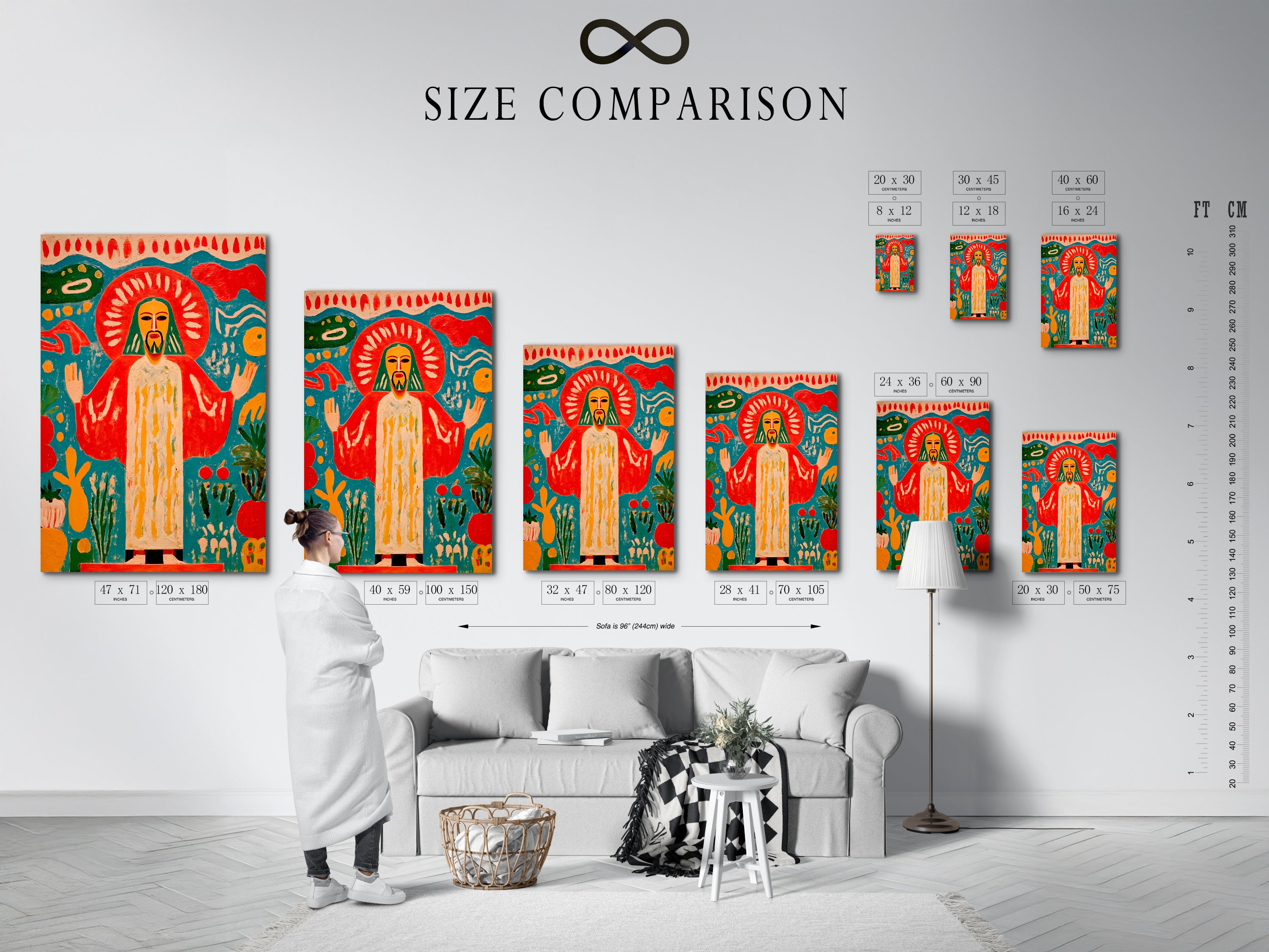 Size comparison chart in interior setting. See the different sizes available for this sacred heart artwork. The folk art print is colorful. This religious artwork offers spiritual decor. The bohemian eclectic style is great.