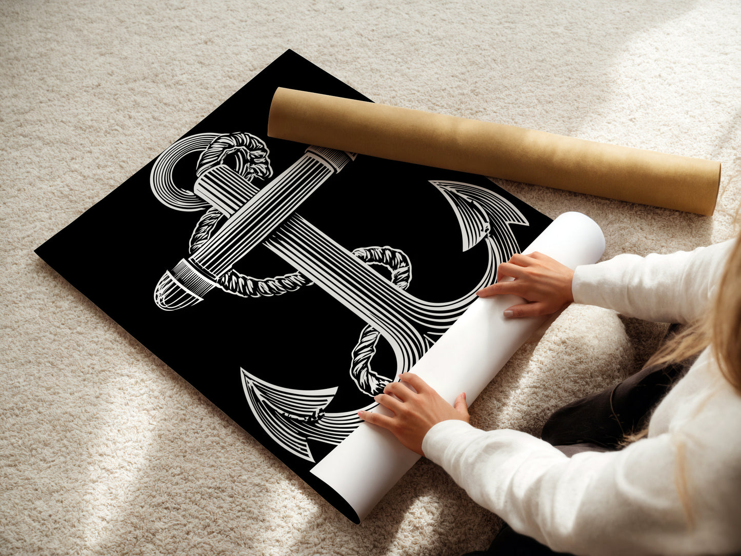 A woman carefully rolling a fine art poster paper. The image shows the delicate handling of high-quality materials. Fine art posters offer a versatile and affordable art option. Perfect for any art enthusiast looking to add to their collection. Explore our fine art poster options. Get professional quality art for your home