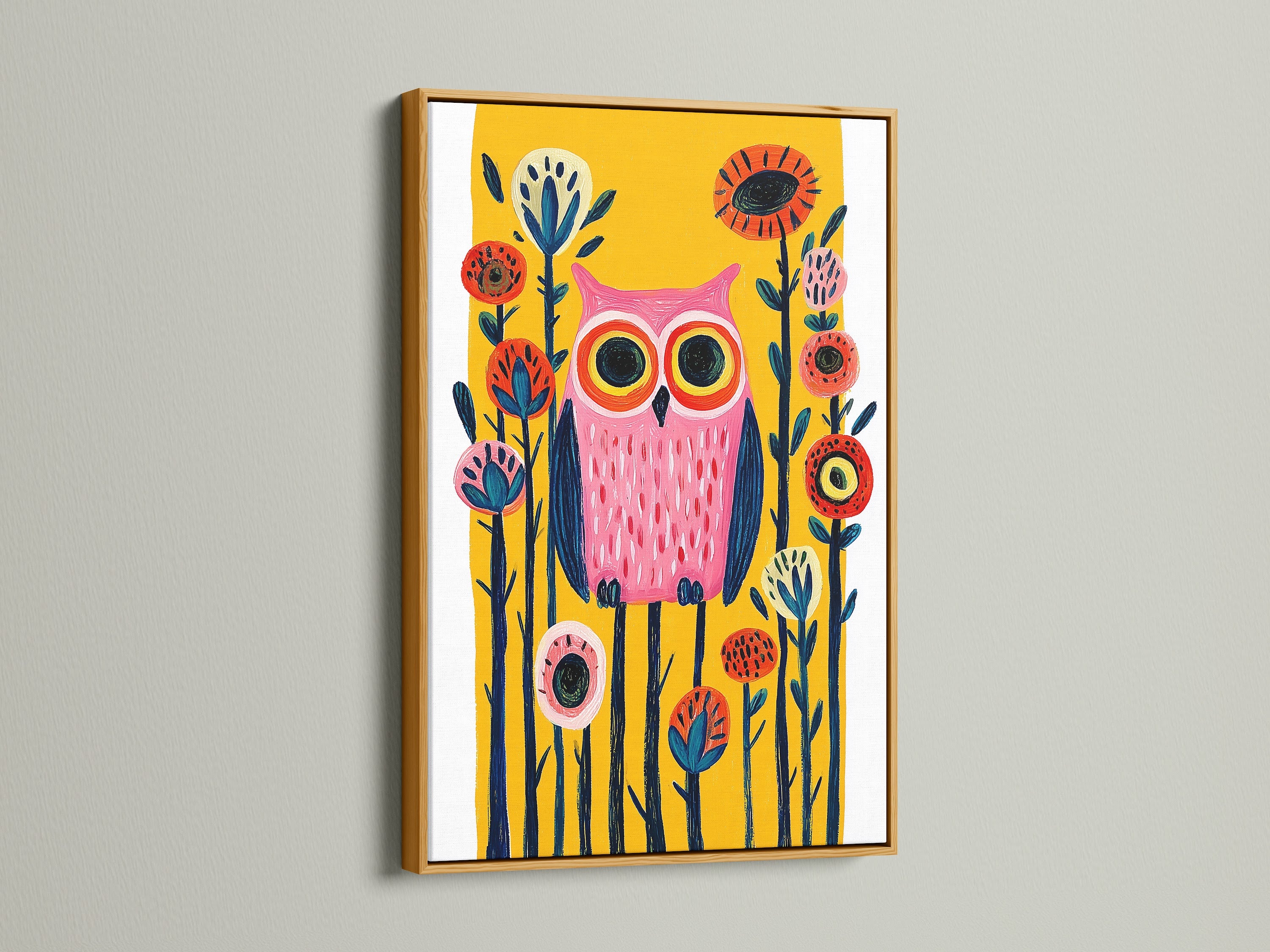 Colorful Owl Wall Art in a Gold Frame. This folk art canvas print is a whimsical bird artwork. Perfect for kids bedroom or nursery decor. Add a touch of charm to your space with this contemporary artwork. The primary color is pink and the secondary color is yellow. It suits contemporary minimalist and eclectic styles.