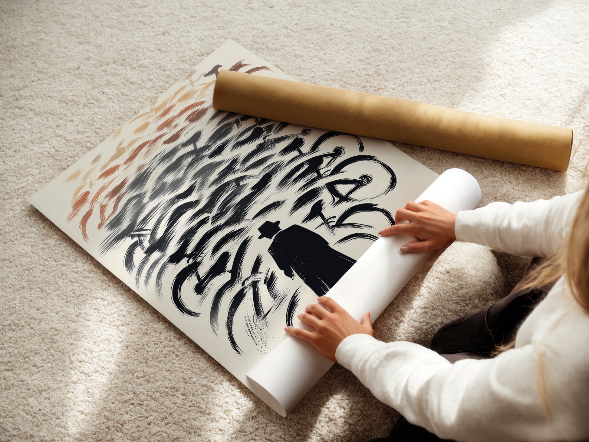 A woman prepares a fine art poster paper. Ready for the bicycle art print. This cycling artwork will soon become a stunning piece of bikes wall art. Fine art poster paper ensures a high quality finish for modern art prints.