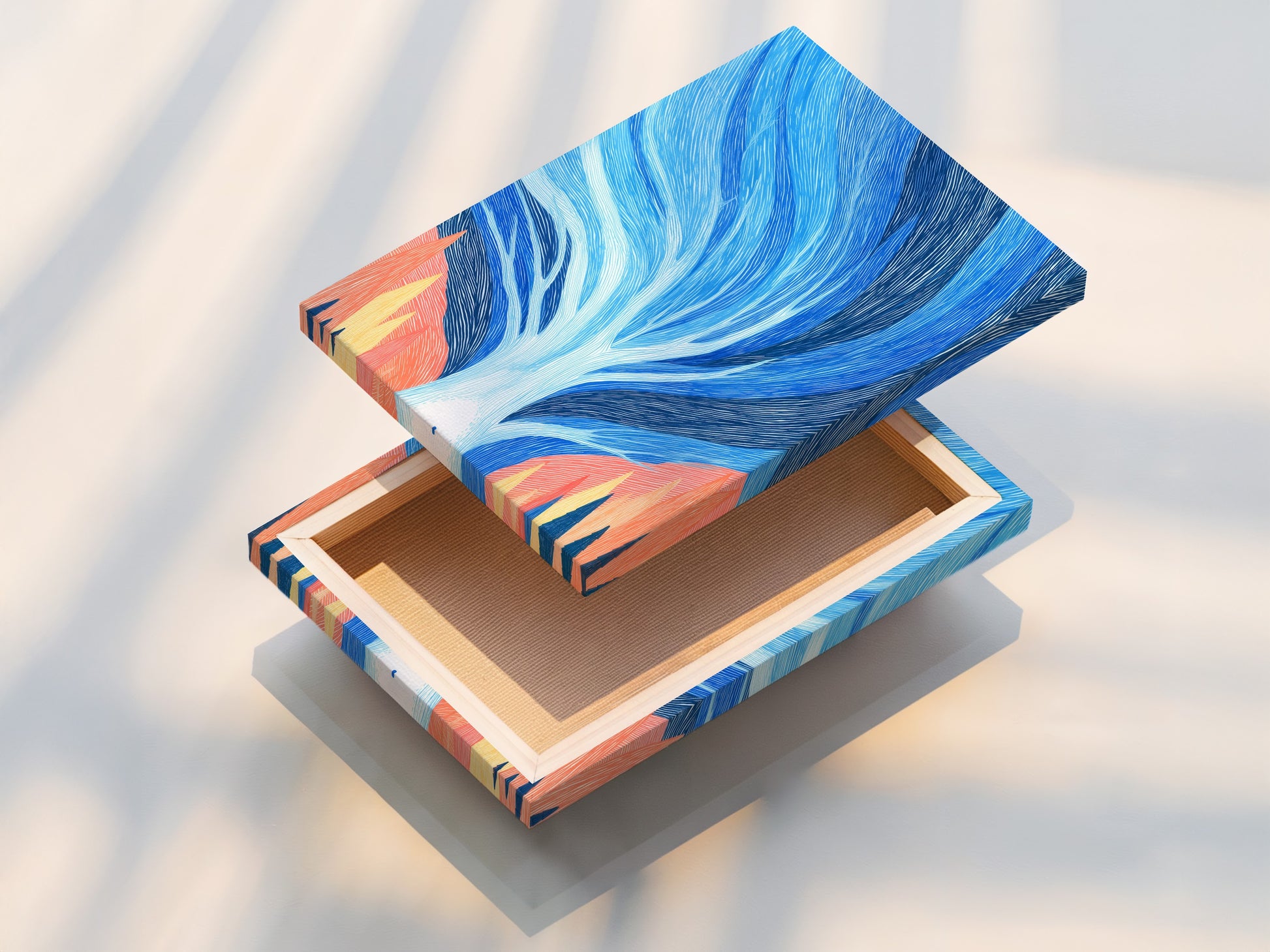 A stretched canvas print of the Abstract Tree artwork. The canvas print offers a textured look. The blue and coral colors create a modern nature scene. It is perfect for living room wall art or office wall decor. It adds a touch of contemporary style.