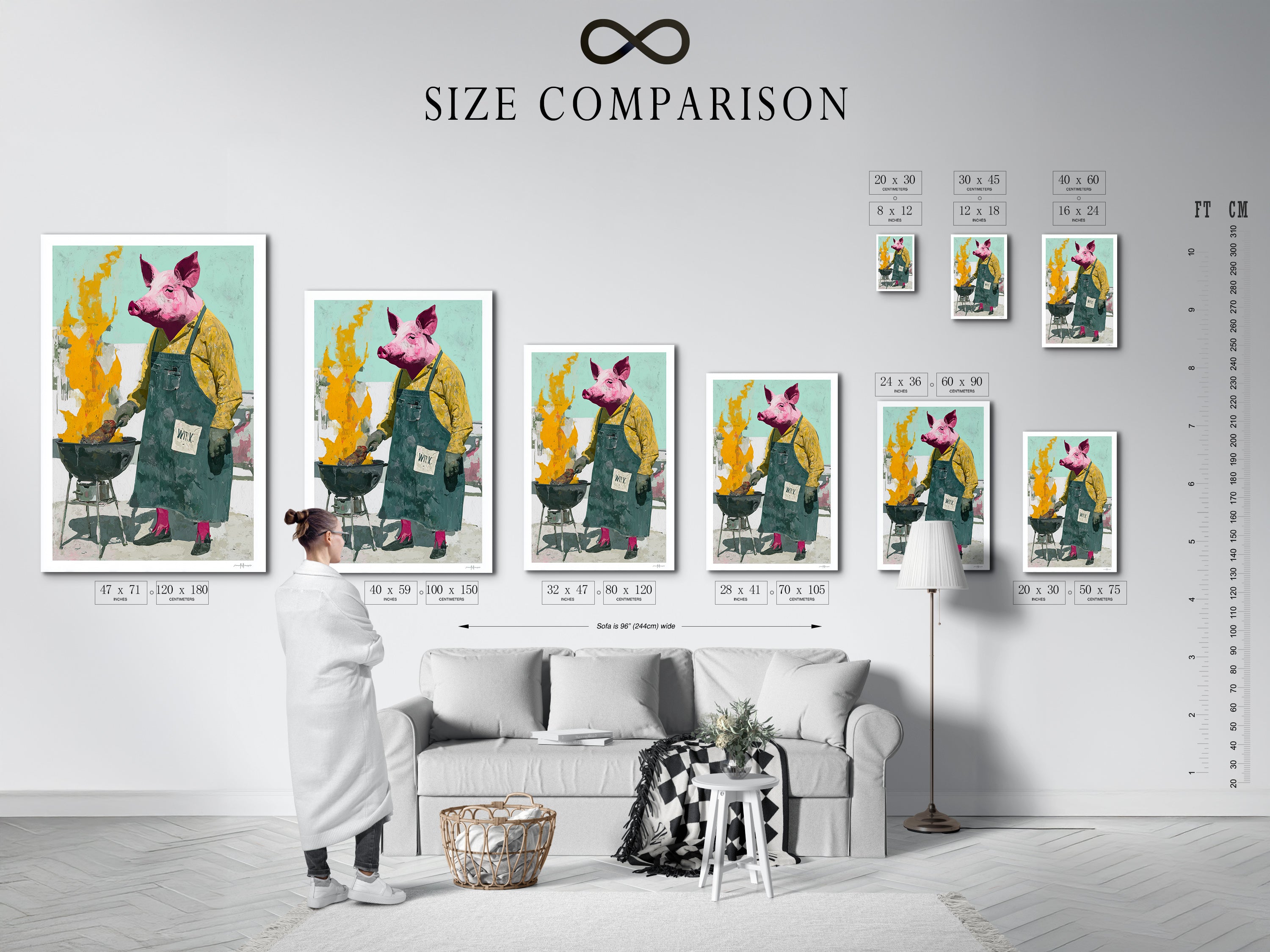 The size comparison chart helps you visualize the Pig Chef artwork in your space. See how different sizes fit above a sofa. Find the perfect size to complement your kitchen or dining room decor. Sizes for any room.