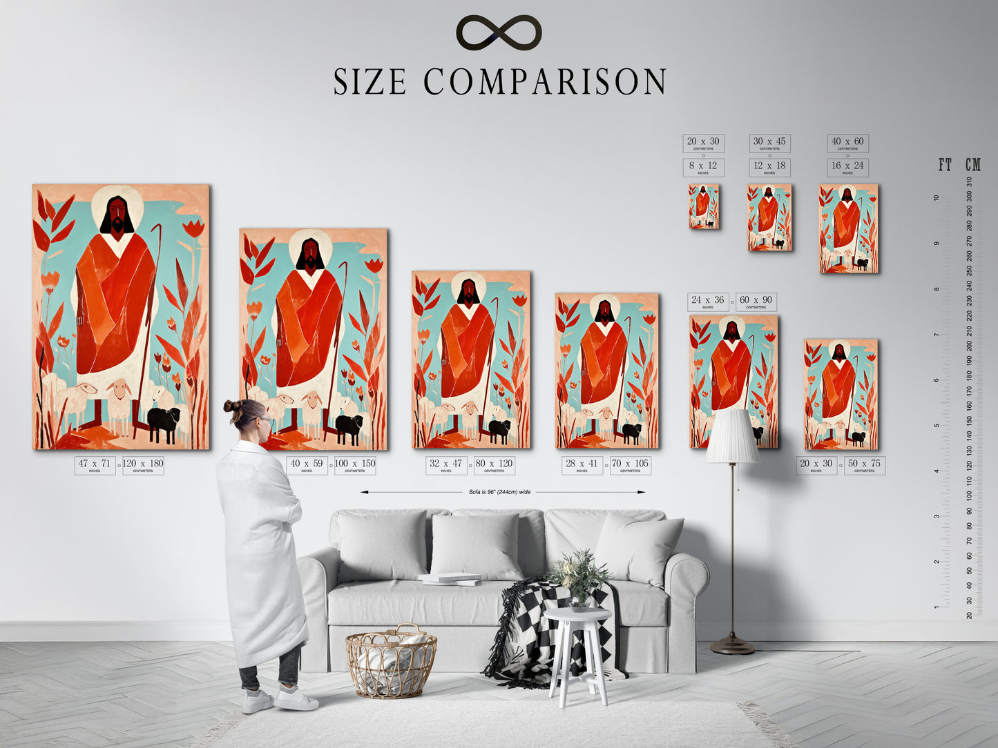 A size comparison chart is showcased in an interior setting. The size chart helps visualize the artwork dimensions. Choose the perfect size for your space. We offer various sizes to meet your needs. Plan your art.