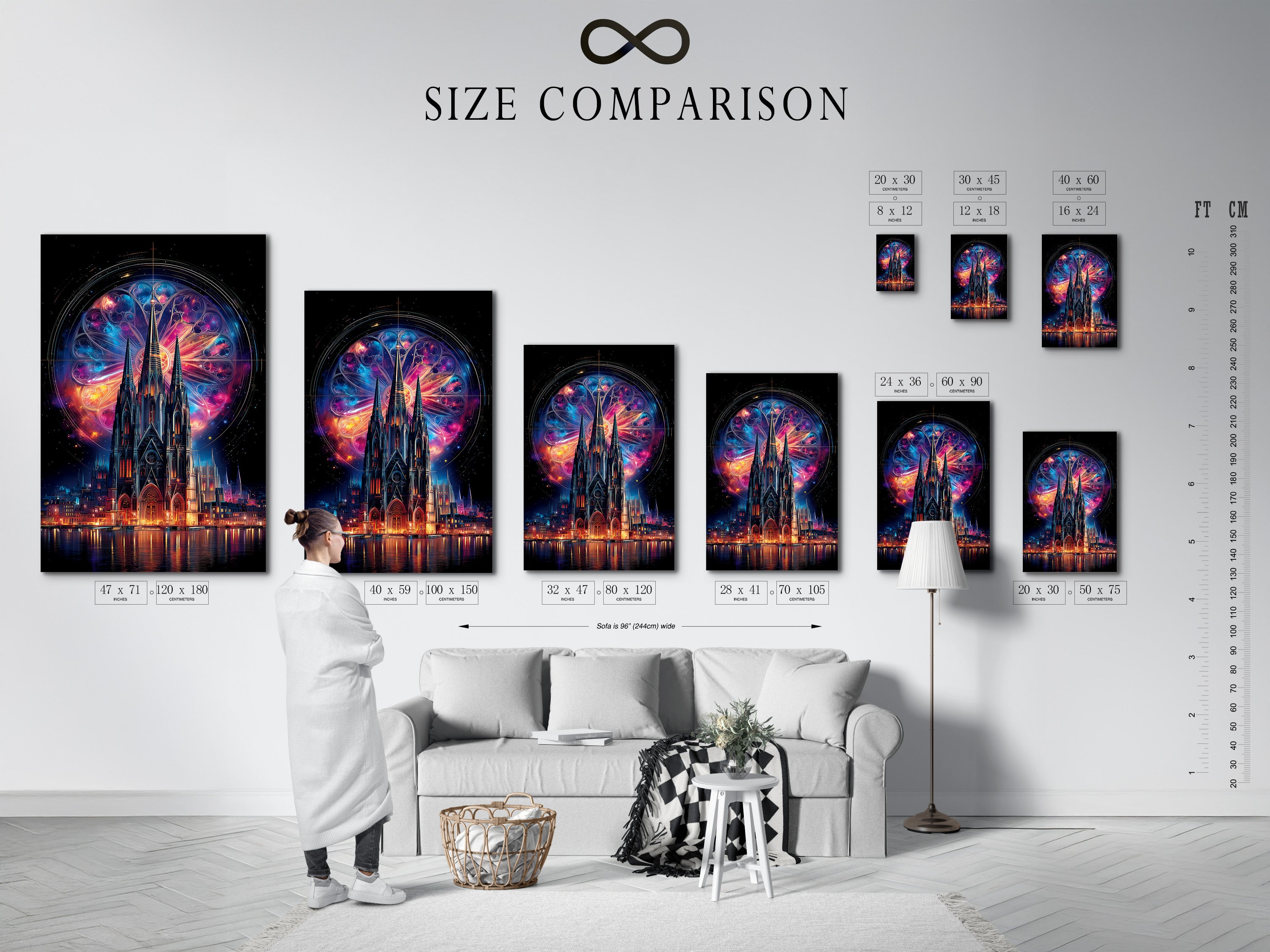 Size comparison chart in an interior setting. See the various sizes available for gothic cathedral art. Options include cosmic stained glass wall art and mystical fantasy architecture canvas prints.