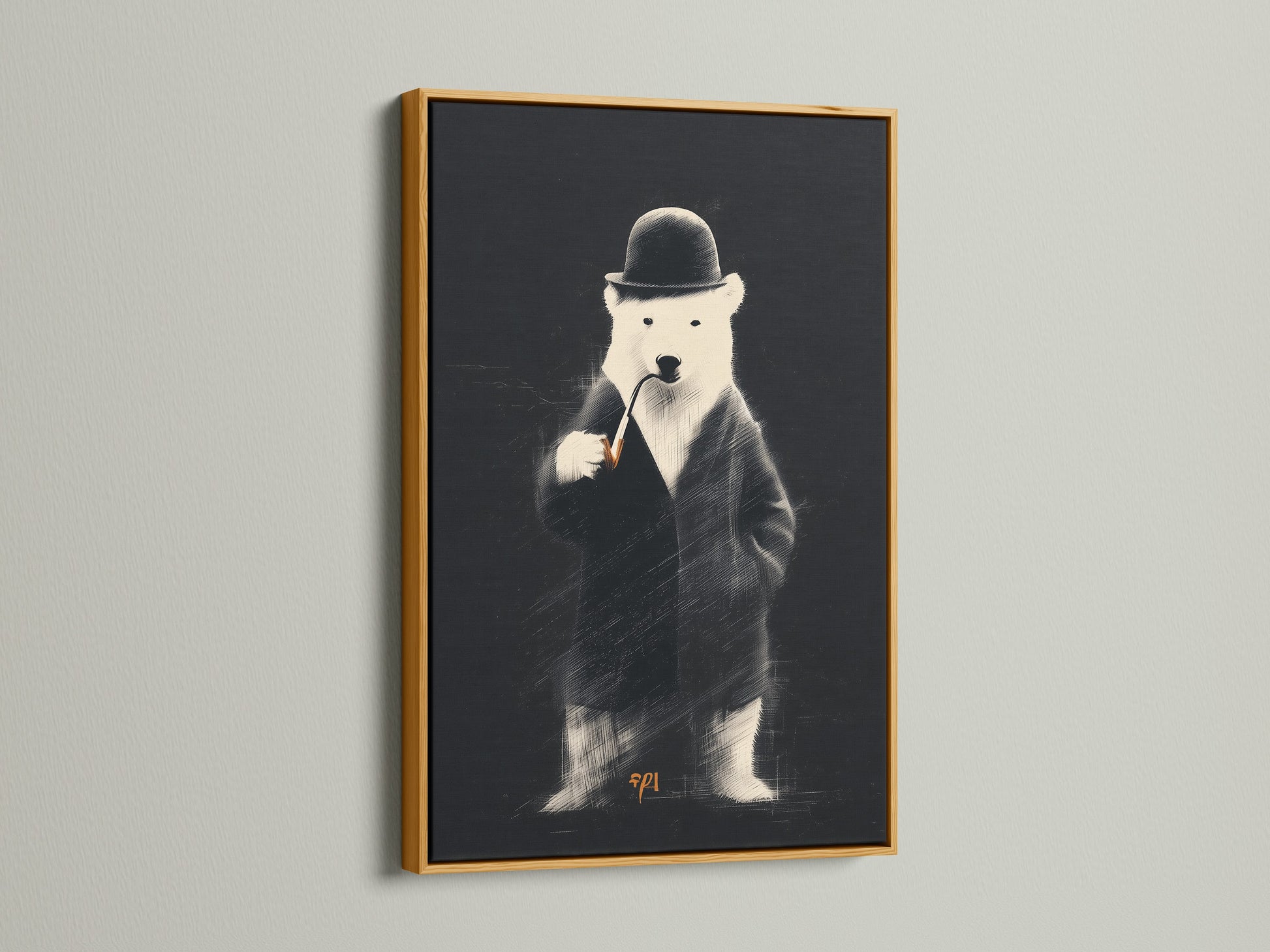 This image displays a gold frame. The artwork is a bear in a suit. A gold frame brings elegance and luxury. It enhances the artwork's visual appeal. Consider a gold frame to elevate your art.