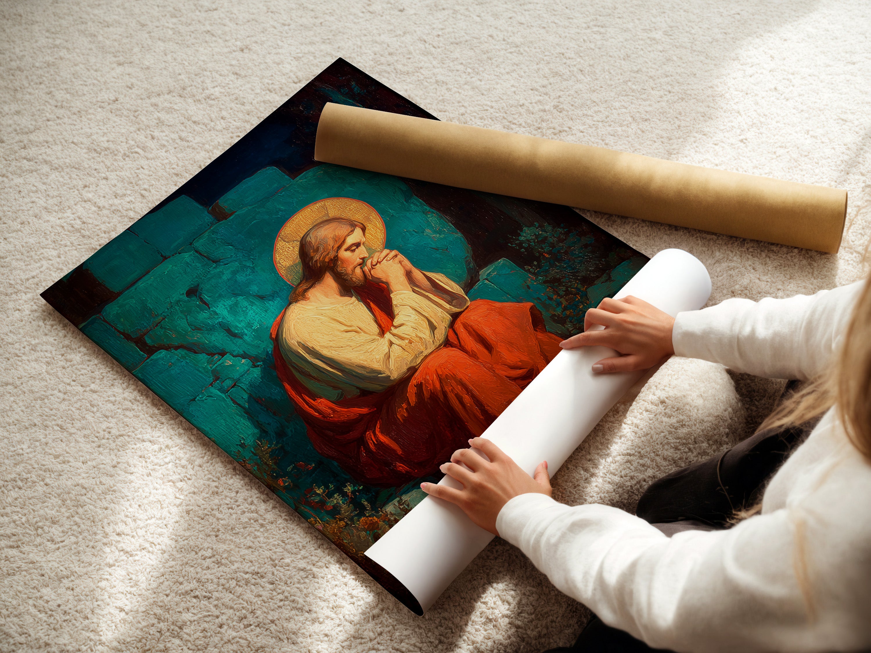 A woman carefully rolling a fine art poster paper. The paper is high-quality and archival-grade. It ensures the artwork lasts for years. Fine art poster paper offers a smooth and vibrant surface. It is perfect for reproducing artwork with exceptional detail. Check out our fine art paper.
