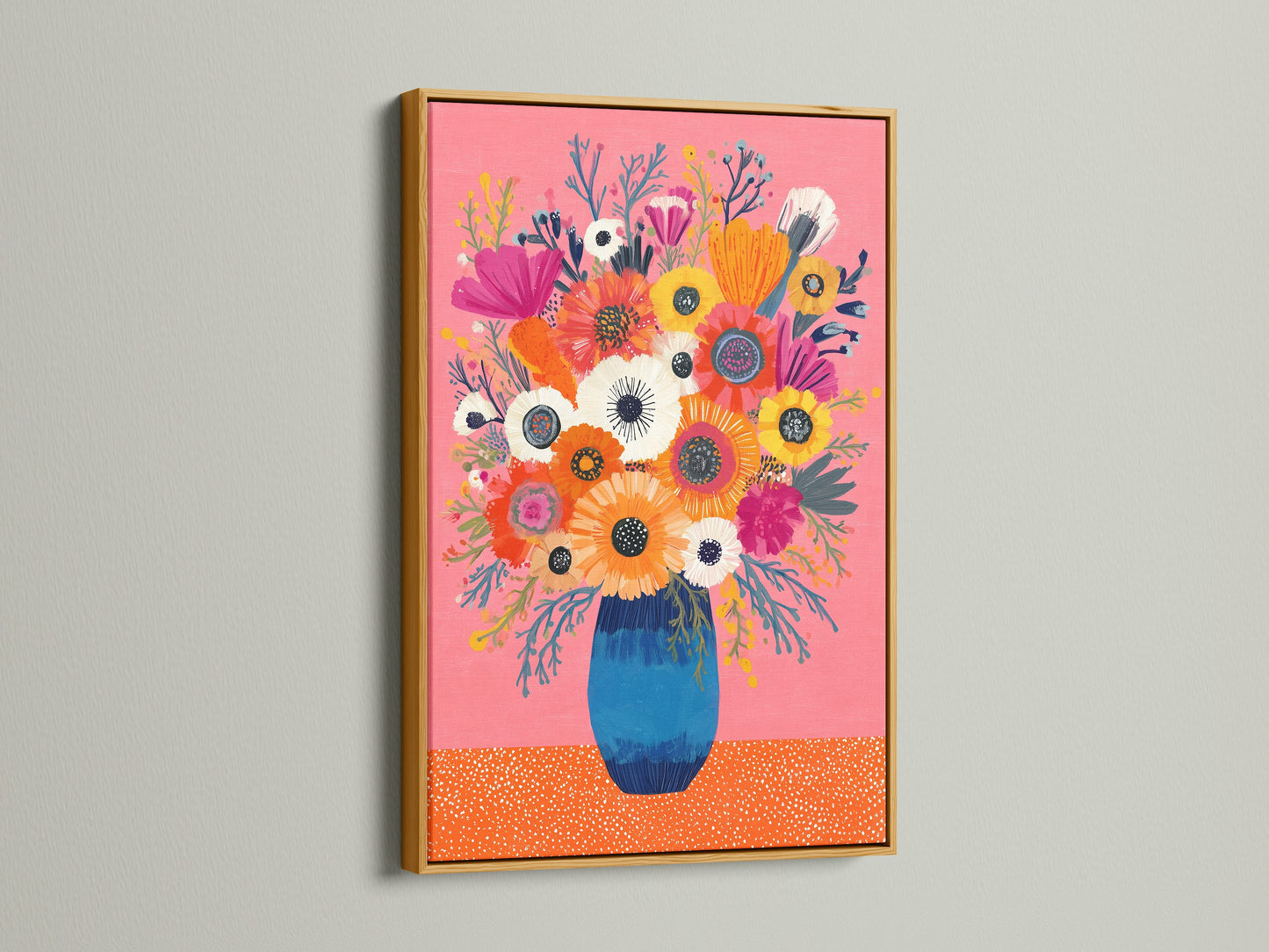 Gold frame enhances a vibrant floral artwork. The artwork features a pink background and a blue vase. The gold frame adds a touch of luxury. This artwork brings a touch of opulence to your space. Elevate your artwork with a touch of gold.