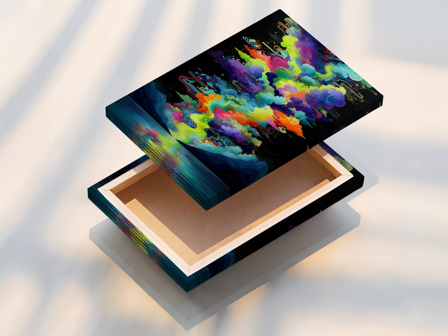 This stretched canvas print showcases vibrant colors. The abstract lake art and psychedelic print are ready to hang. Transform your space with this modern artwork. Enjoy colorful wall art today.