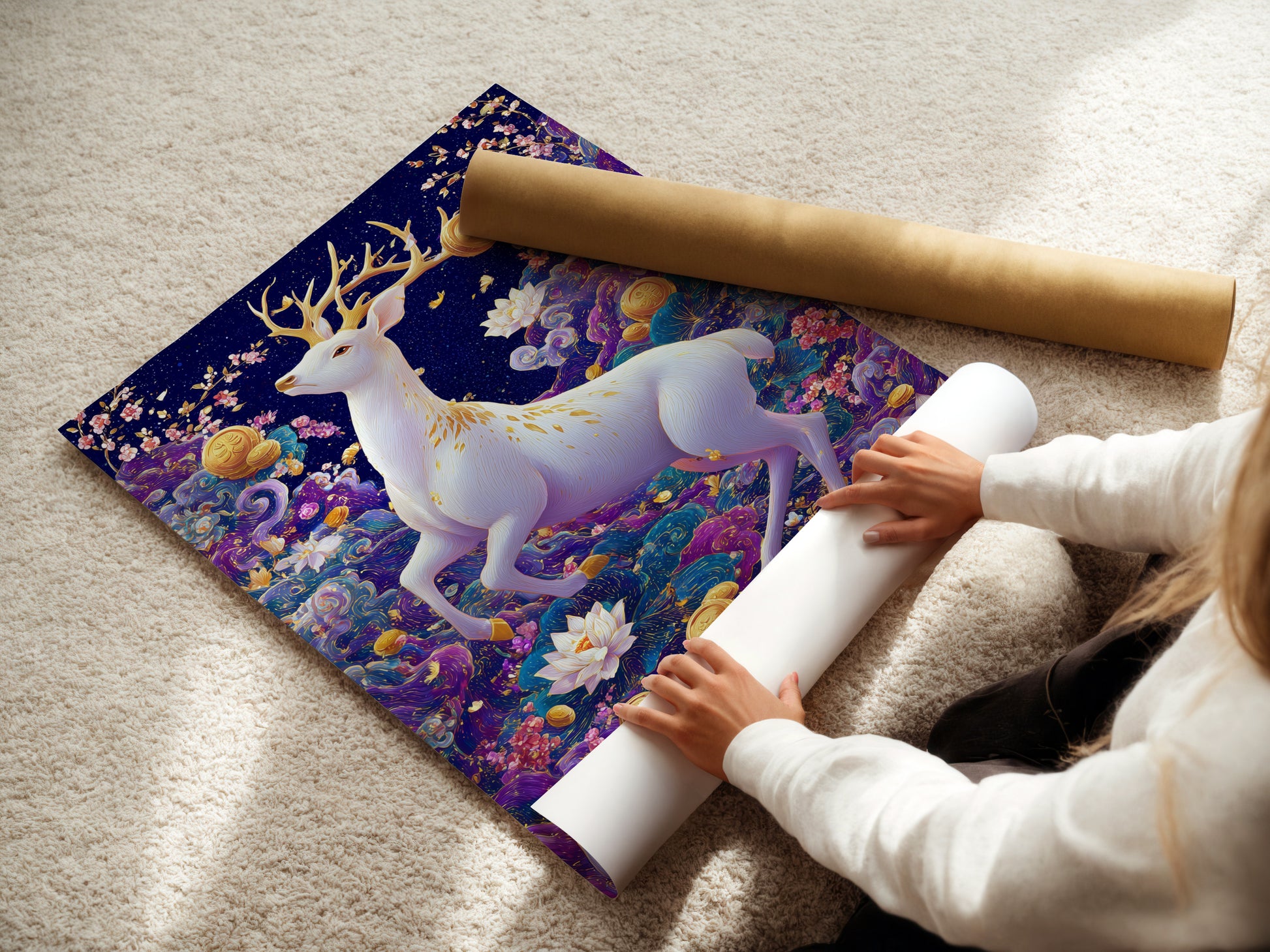 A woman is carefully rolling a fine art poster paper. The image shows attention to detail in preserving the delicate artwork. Fine art paper is a great option for affordable wall art.