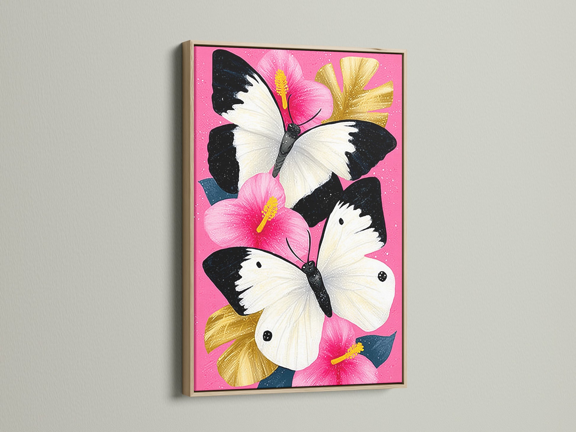 Butterfly Canvas Artwork with an Oak Frame. The artwork features a pink hibiscus wall art with white butterflies. It's a tropical flower artwork great for living rooms bedrooms studios lobbies clinics cafรฉs and waiting rooms.