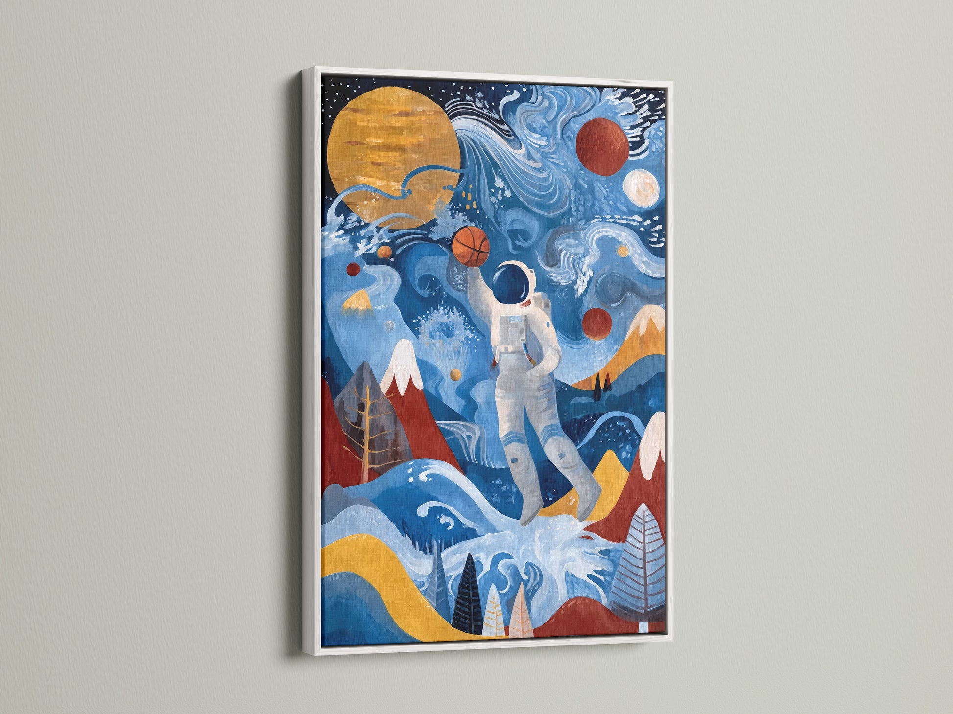 This image showcases a canvas print of an astronaut playing basketball. The art is set in a clean white frame. The modern space art is perfect for a kids room. It also works in a teen room or nursery. The artwork adds a playful touch.