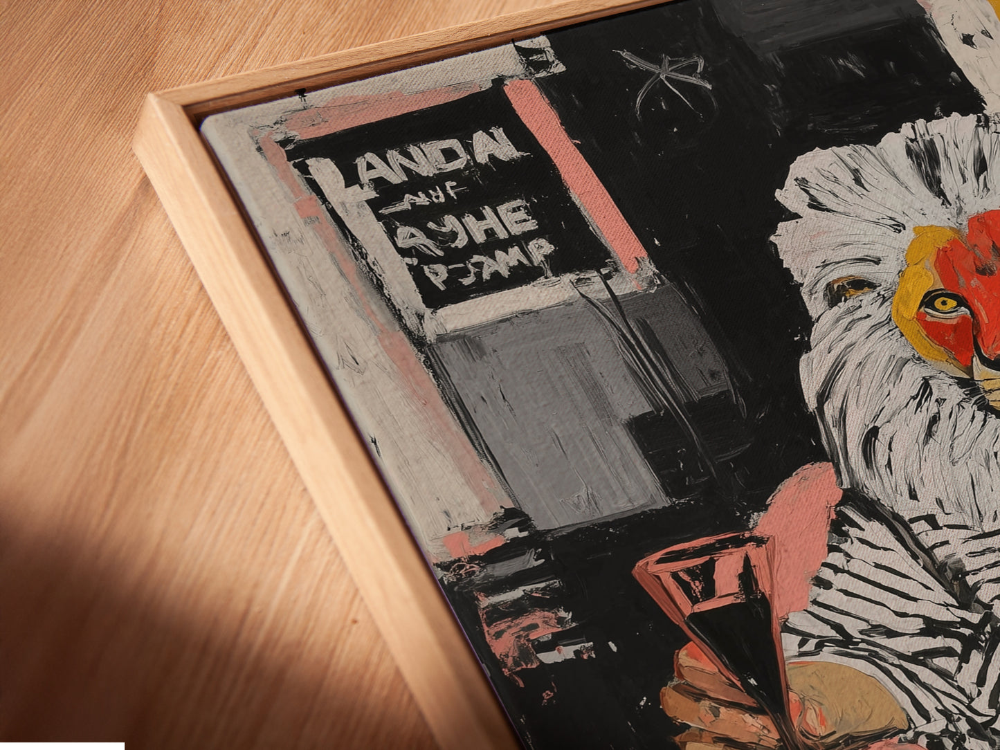 A close up angled view of the Lion Man canvas print in a floating frame. The floating frame adds depth to the artwork. The surreal mixed media art is a unique conversation starter. Add a modern touch to any room.