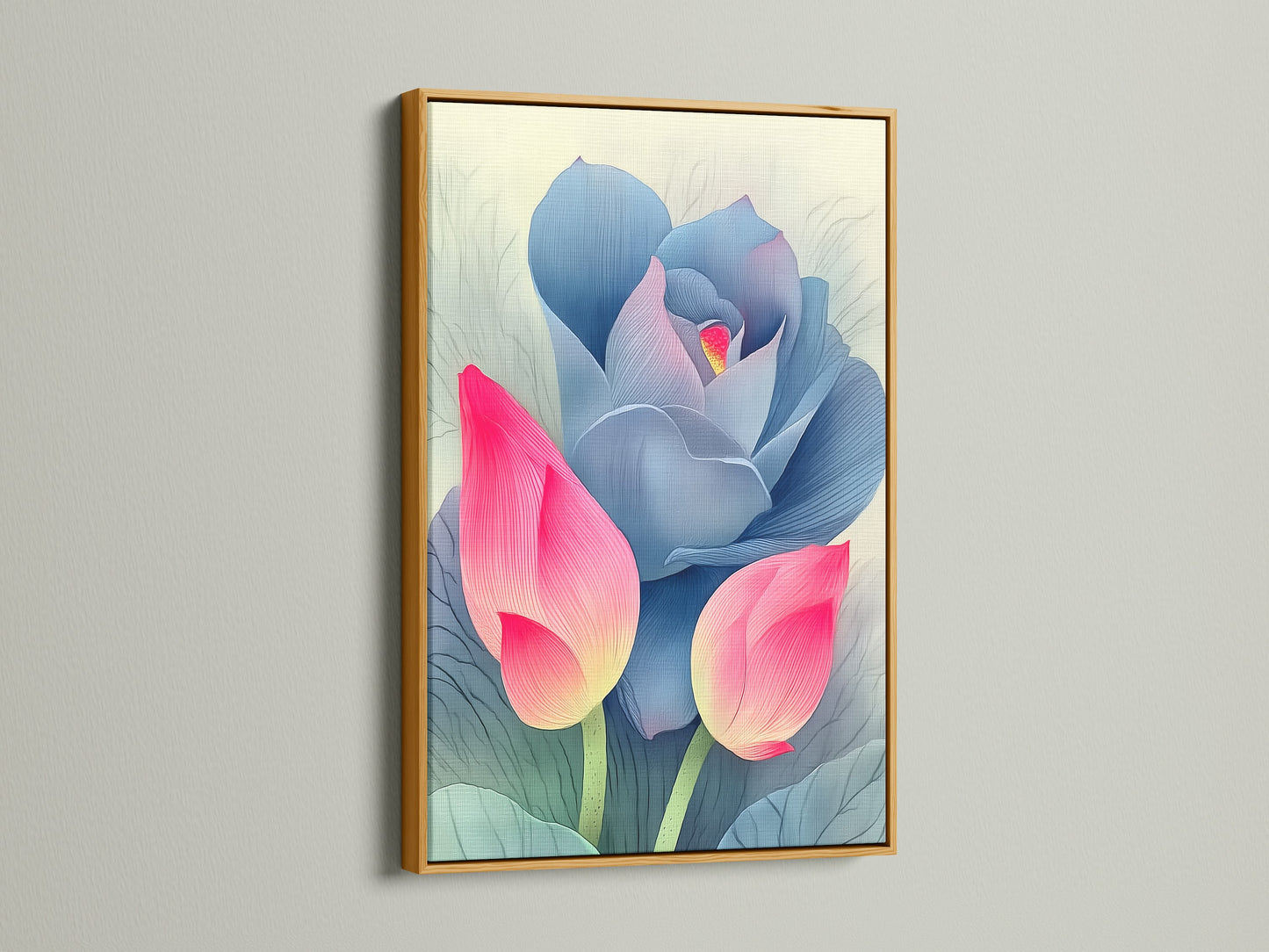 A pink and blue lotus flower artwork in a gold frame is mounted on a white wall. Gold frames bring a touch of luxury to botanical prints. This lotus print adds a serene modern accent to any room. Explore our framed artwork options today.