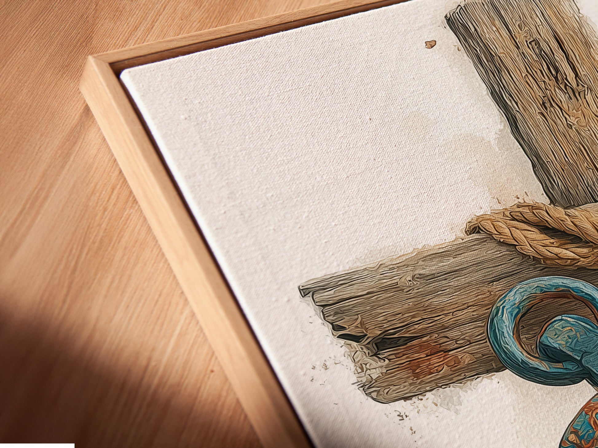 An angled close-up of a canvas print in a floating frame. The frame enhances the artwork. The artwork features a blue anchor. It is wrapped in rope against a wooden cross. The floating frame gives the art a modern gallery look.
