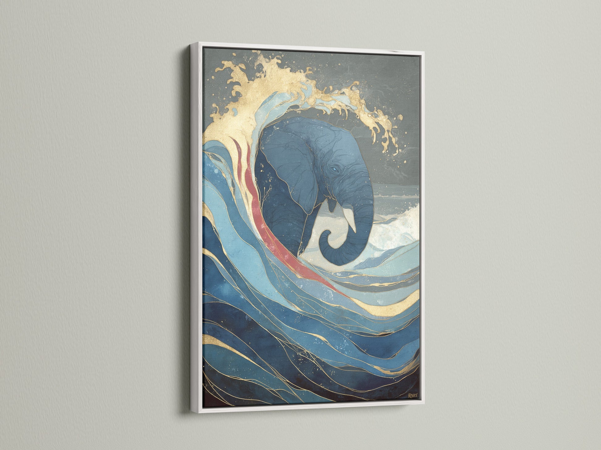 The blue and gold elephant artwork is displayed in a white frame. This modern animal print adds a coastal style to any room. This ocean wave print is perfect for homeowners renters and interior stylists looking for unique wall decor.