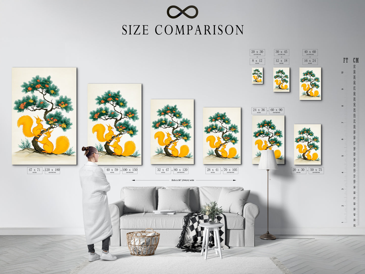 Size comparison chart in an interior setting showcasing squirrel artwork. Visualize how this botanical tree art fits in your space. Perfect for kids room decor or adding a nature-inspired touch. Choose the ideal size for your home whether it's a poster or canvas print. Create a cozy atmosphere.