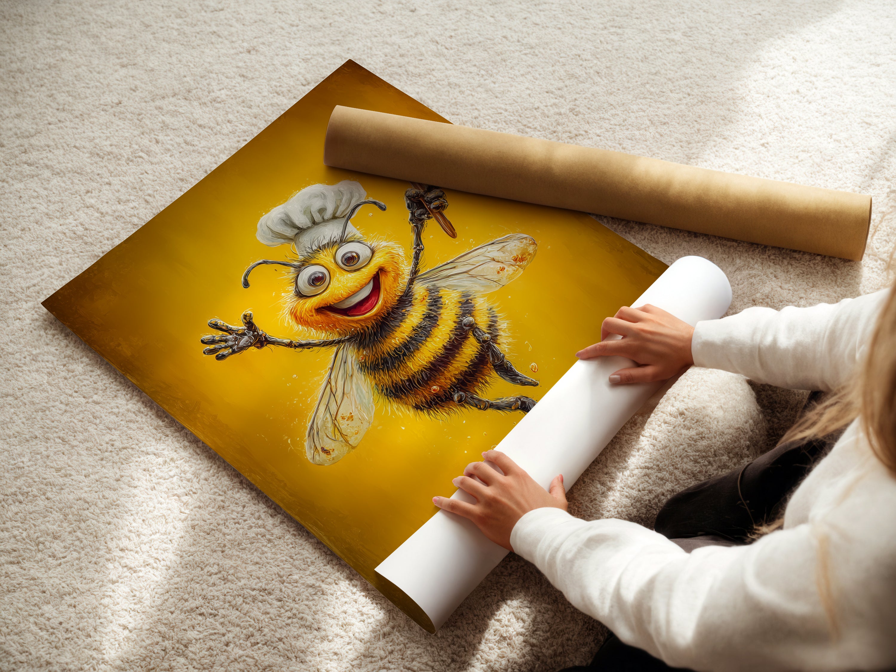 A woman carefully rolling a fine art poster paper featuring the Chef Bee artwork. This cooking art print is ready to be framed. Perfect for adding culinary wall art to your kitchen. A whimsical bee print for your home.