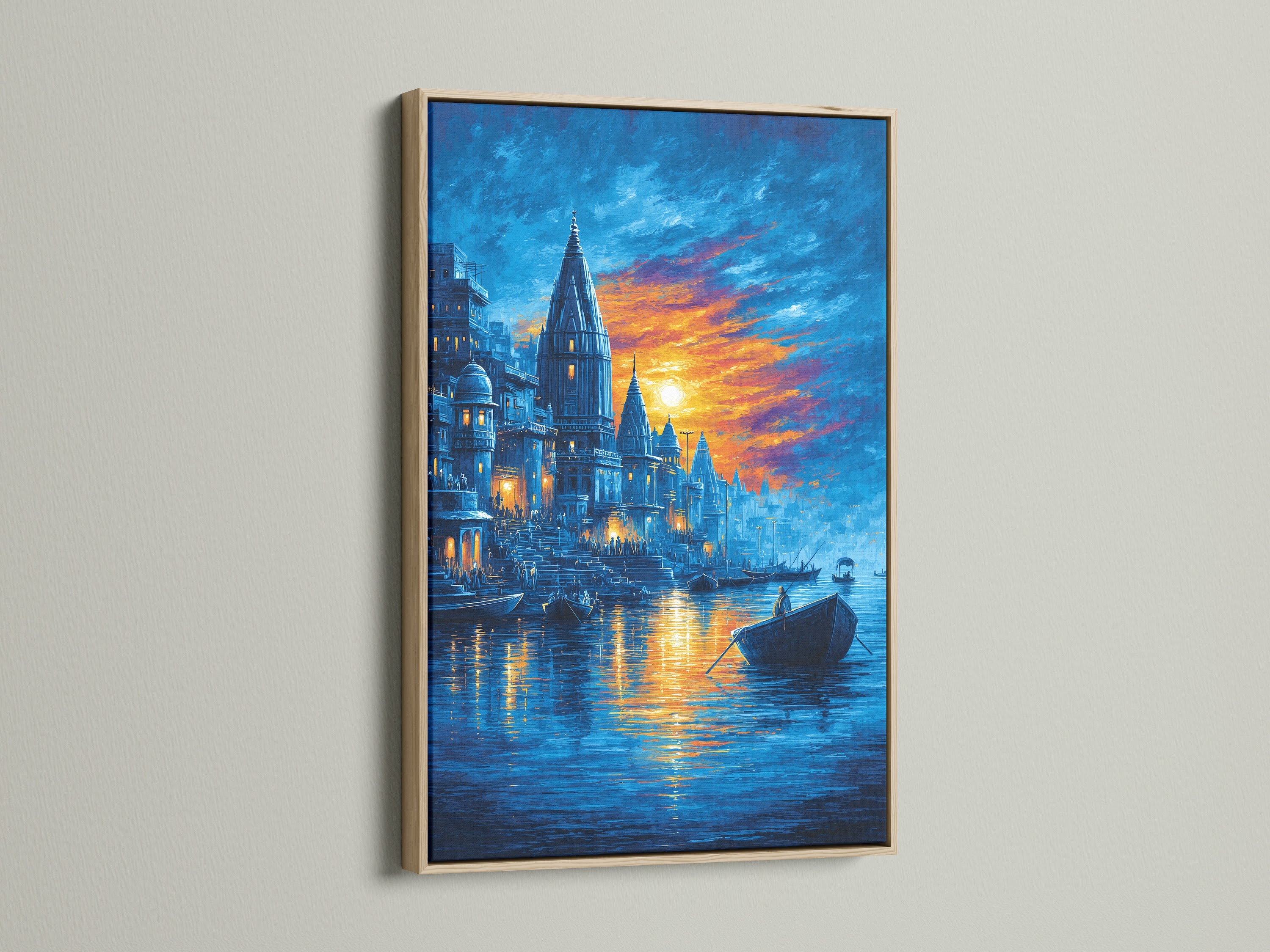 The Varanasi Sunset Wall Artwork is elegantly displayed in an oak frame. It's perfect for adding a bohemian touch to your decor. This Indian Temple artwork captures the serene beauty of the sacred river. Ideal for meditation rooms or as spiritual wall art in your home. The sunset canvas art brings warmth.