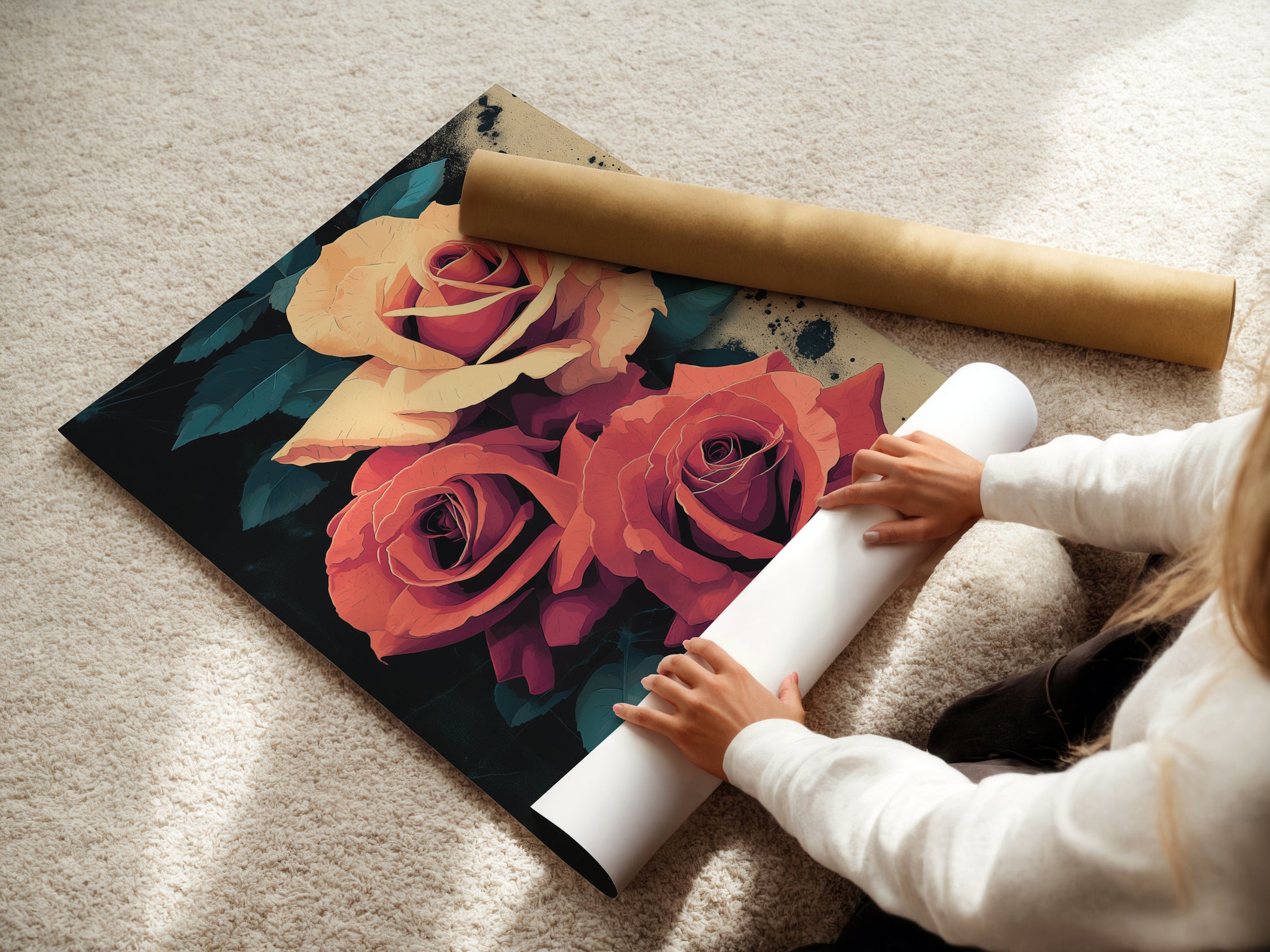 A woman expertly rolls a fine art poster paper. Preparing it for display. The paper is of high quality ensuring the artwork's longevity. Ideal for creating stunning wall art displays. This poster is perfect for your botanical artwork