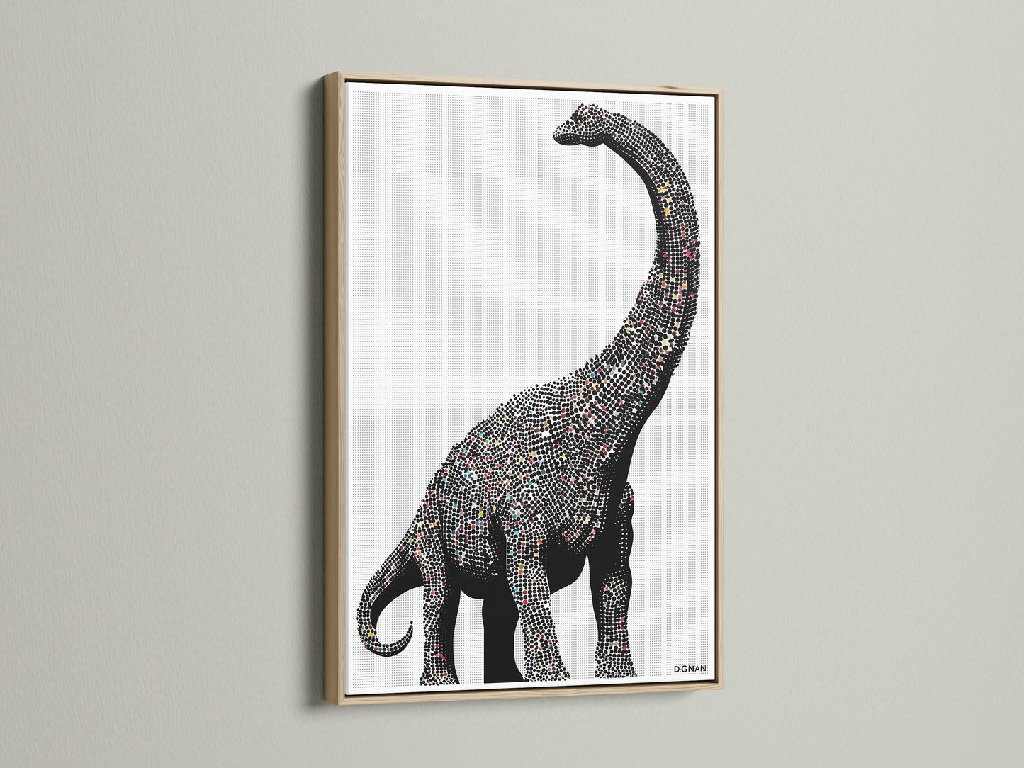 Dinosaur wall art featuring a minimalist brontosaurus canvas print. It is perfect modern nursery decor for a kids room. The artwork has an oak frame. Black and white animal art fits minimalist and Scandinavian styles.
