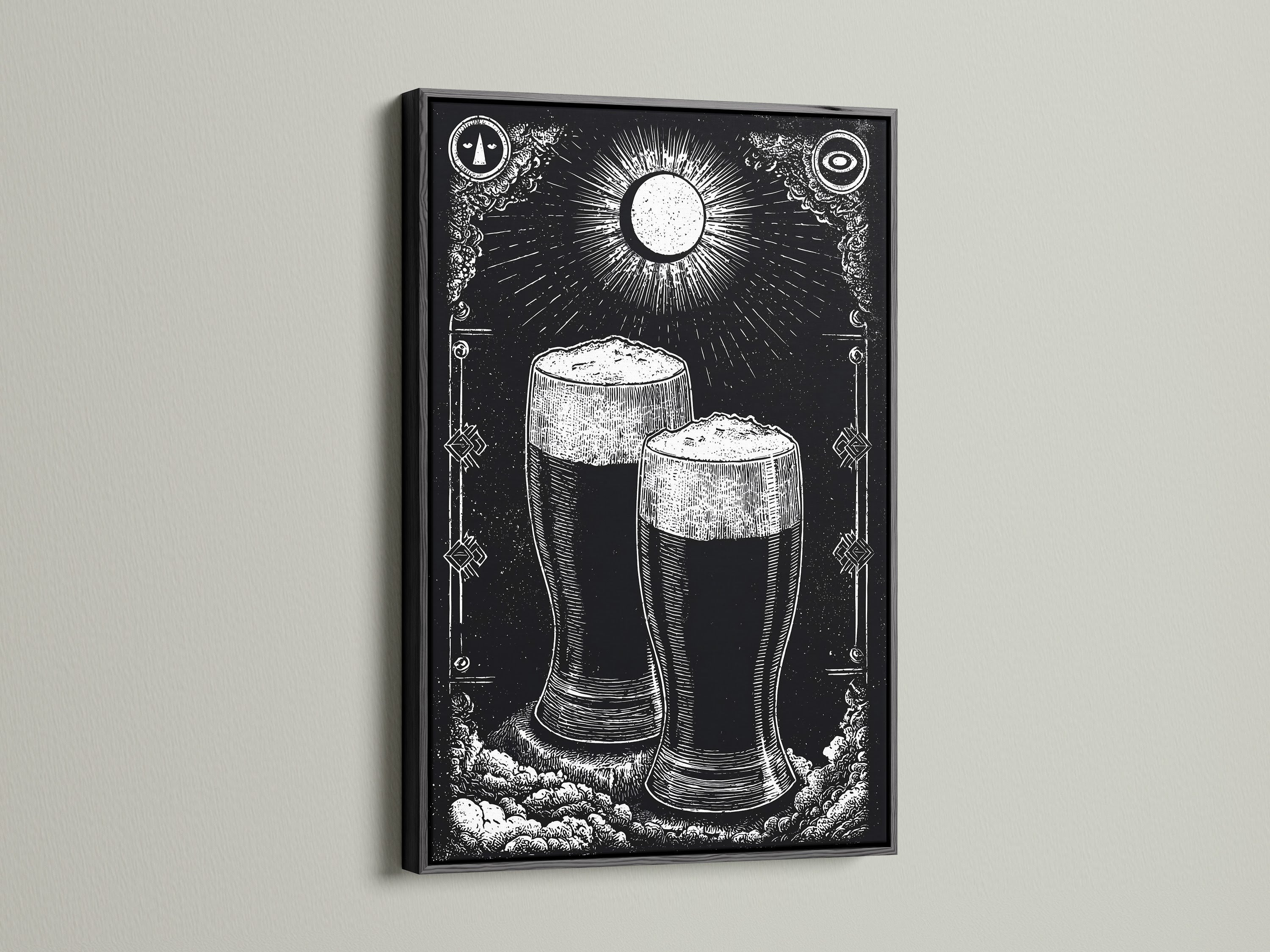 Black frame featuring a monochromatic artwork. Two glasses of dark beer are illustrated beneath a glowing moon. The contrast of the black frame enhances the artwork. This piece is perfect for adding a modern touch to your living room or office.