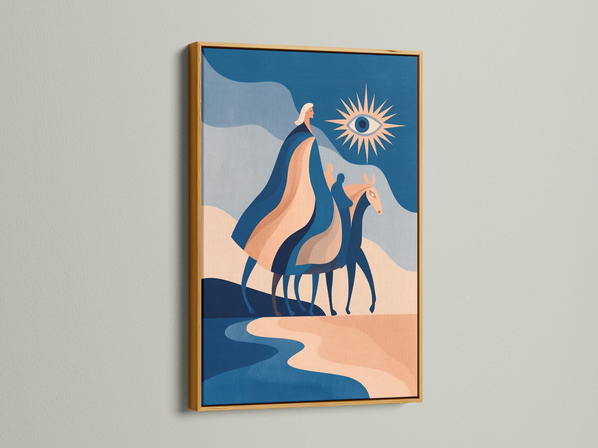 Modern abstract horse art in a gold frame. The artwork is a blue terracotta canvas print. This boho equestrian wall art adds a touch of elegance to your decor. Perfect for minimalist boho or eclectic interiors. This piece is a modern animal art
